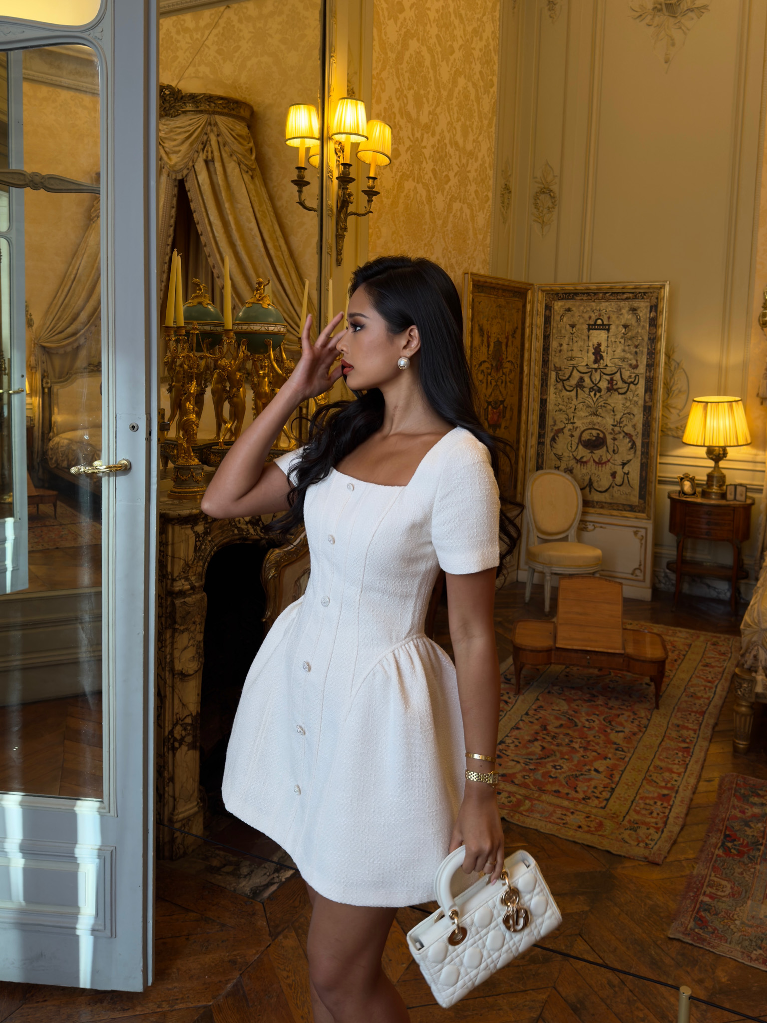 Tweed mini dress with waist pleats