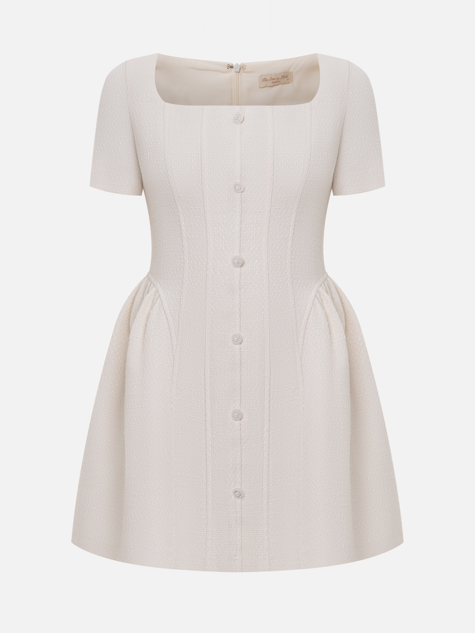 Tweed mini dress with waist pleats