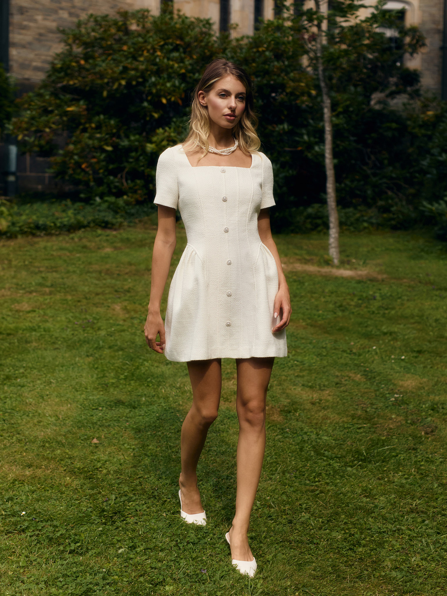 Tweed mini dress with waist pleats