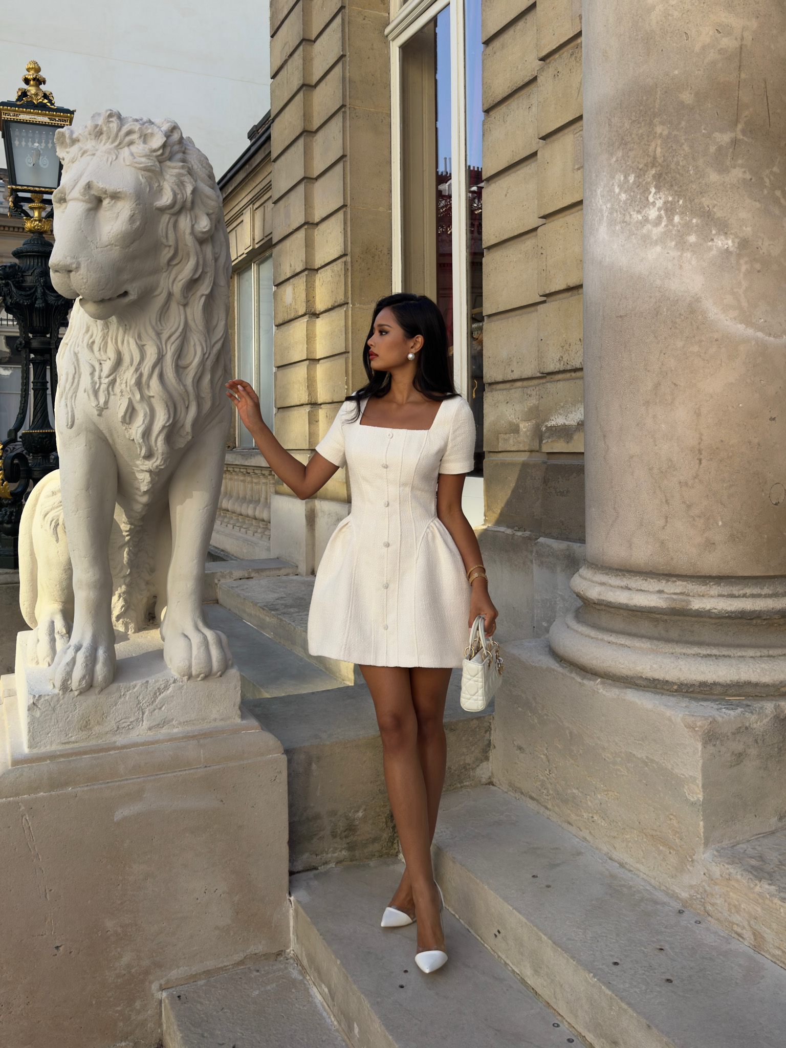 Tweed mini dress with waist pleats