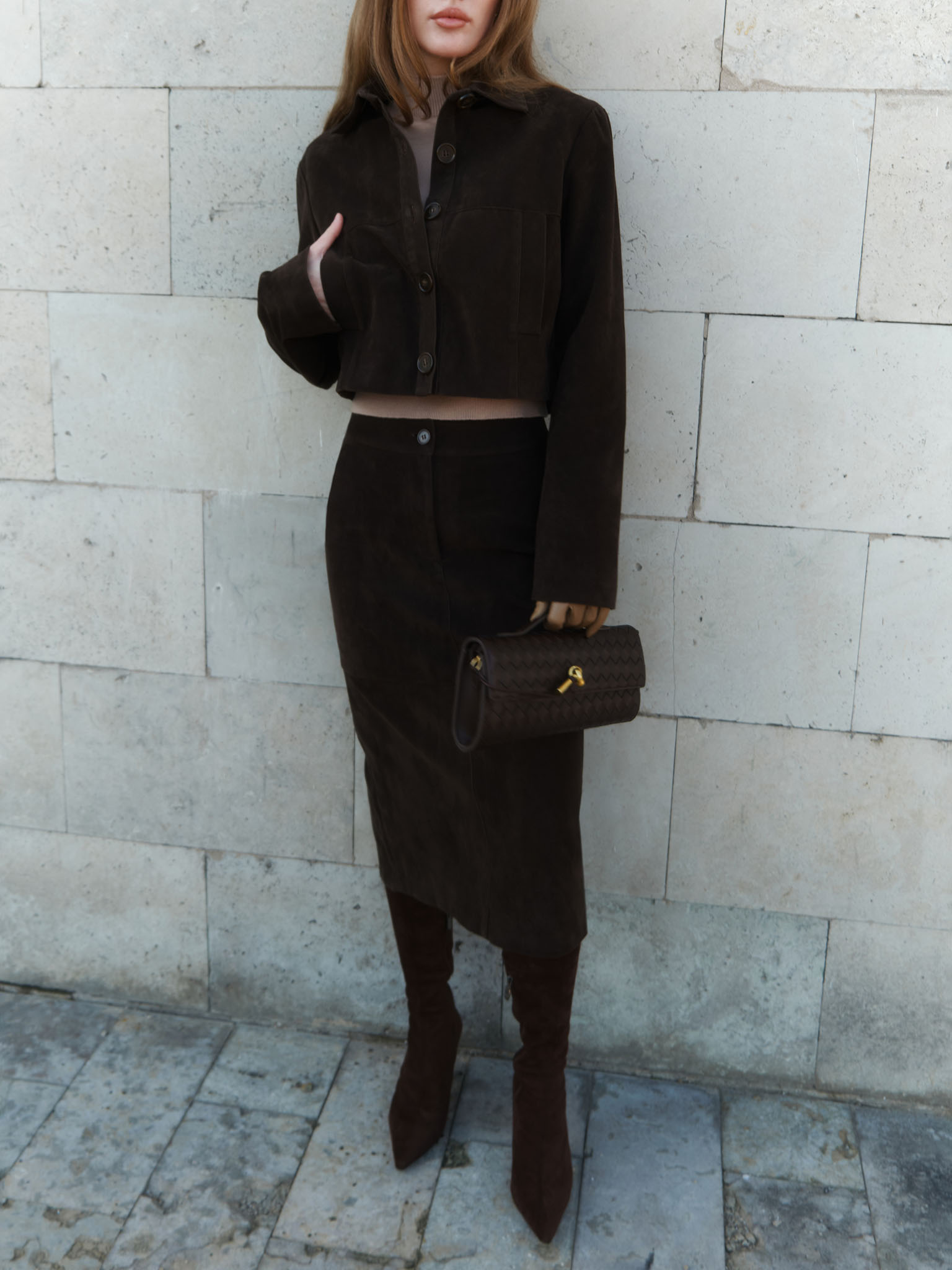 Eco-suede straight midi skirt