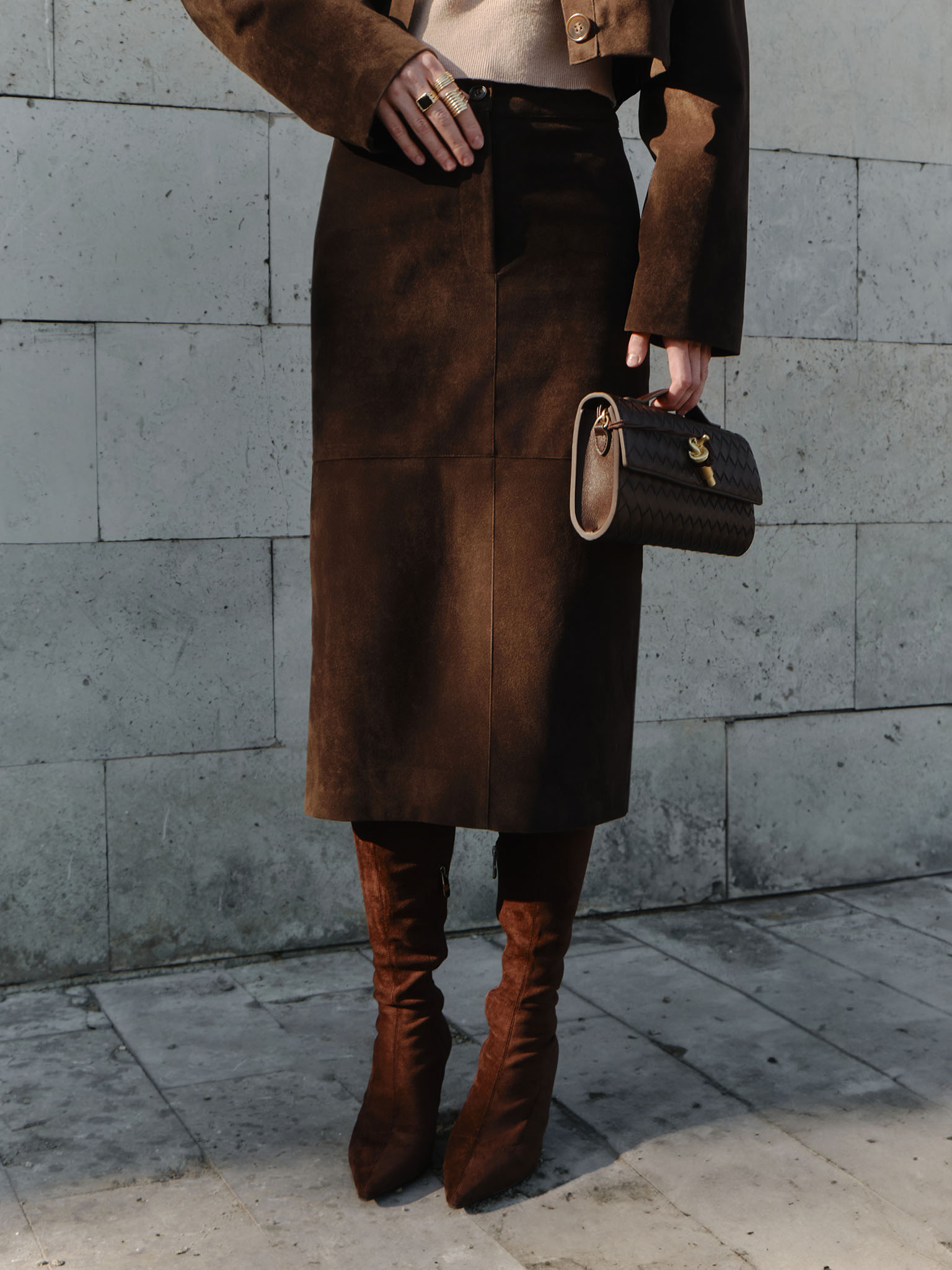 Eco-suede straight midi skirt