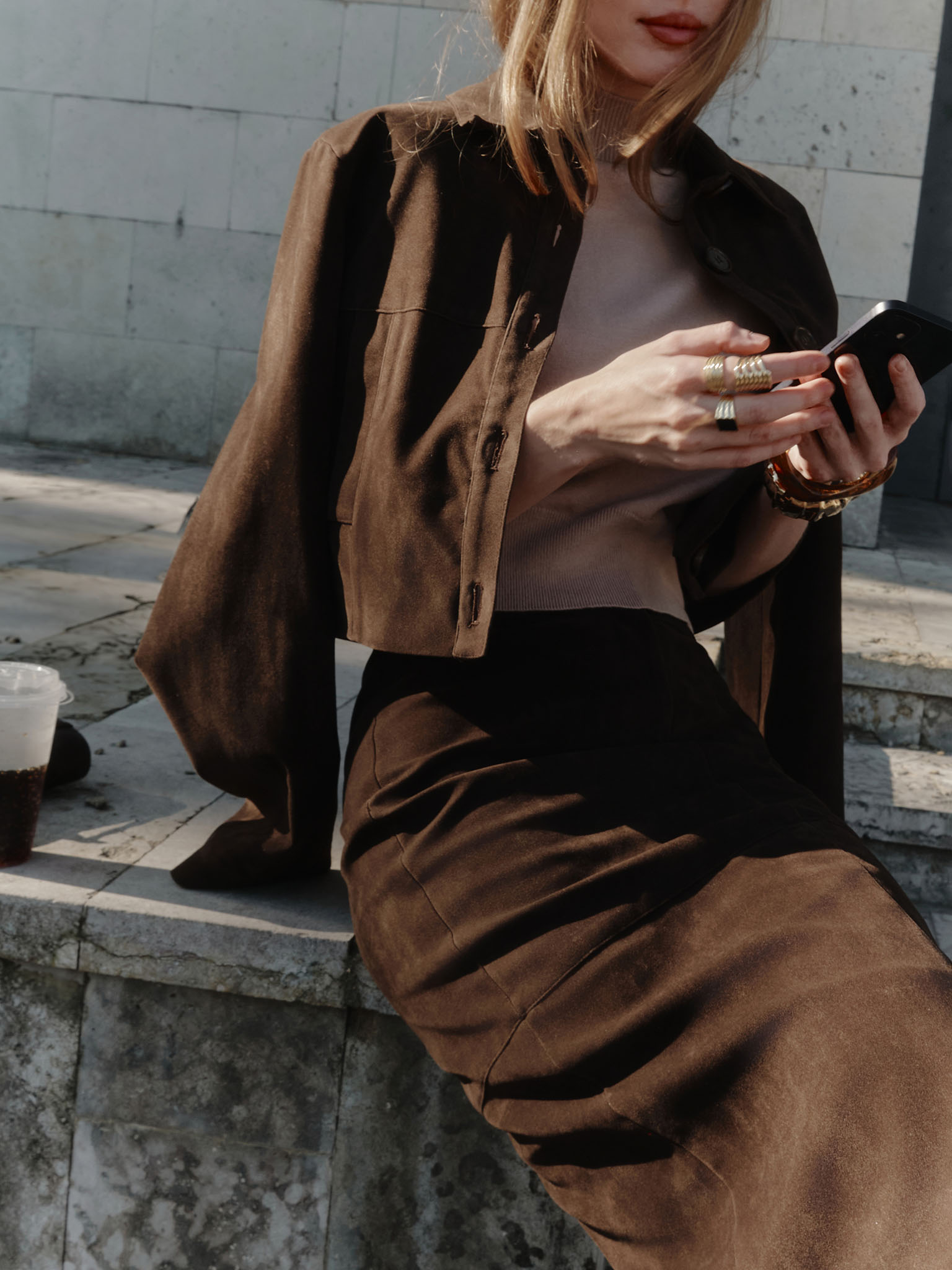 Eco-suede straight midi skirt