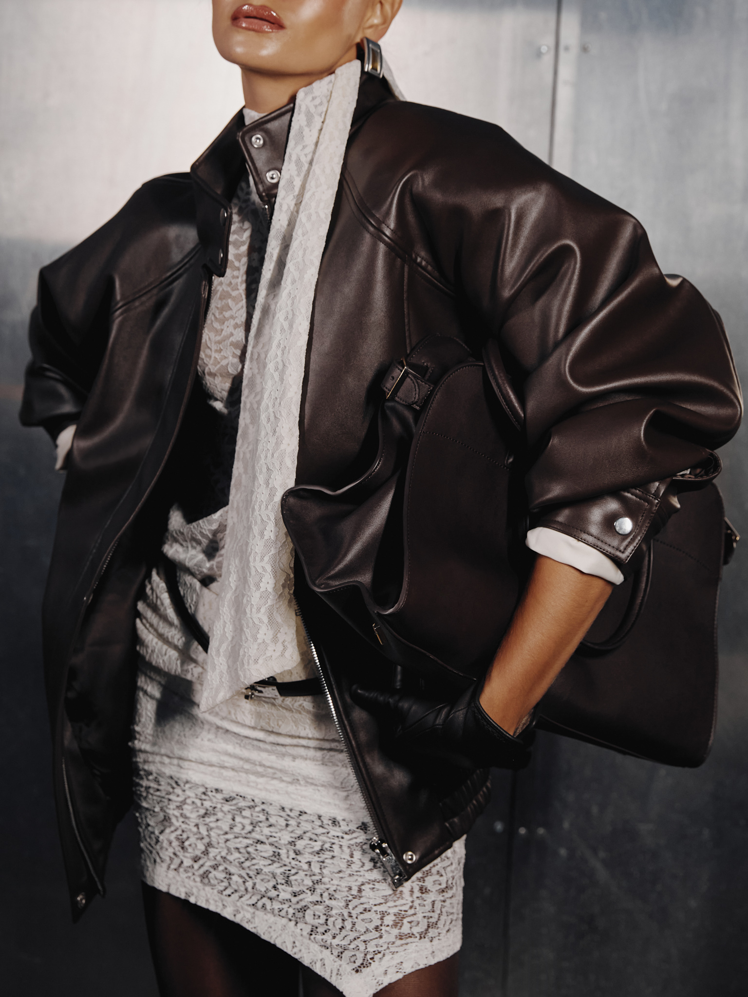 Oversized eco-leather jacket with high collar