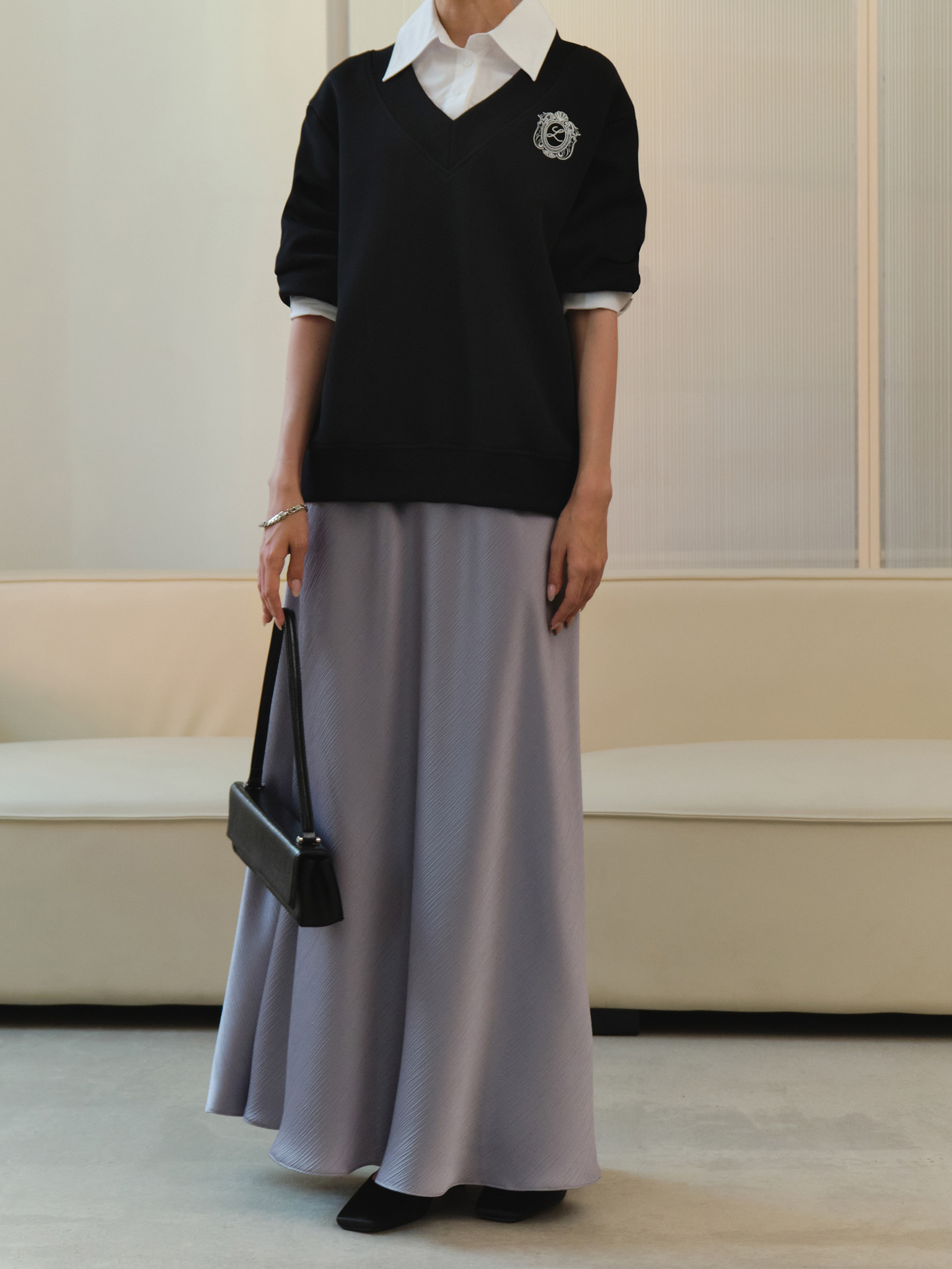 Floor length maxi skirt in textured fabric