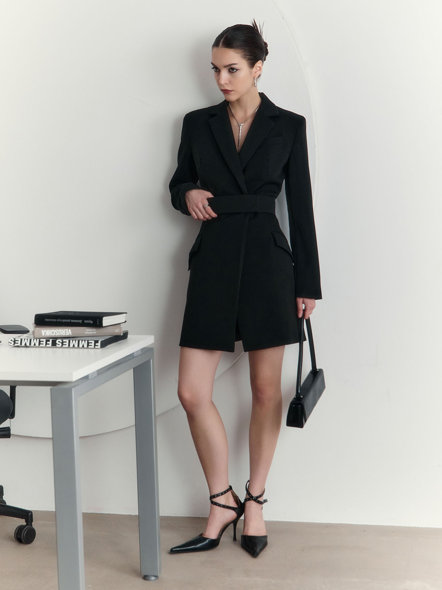 Mini blazer dress with wide waistband