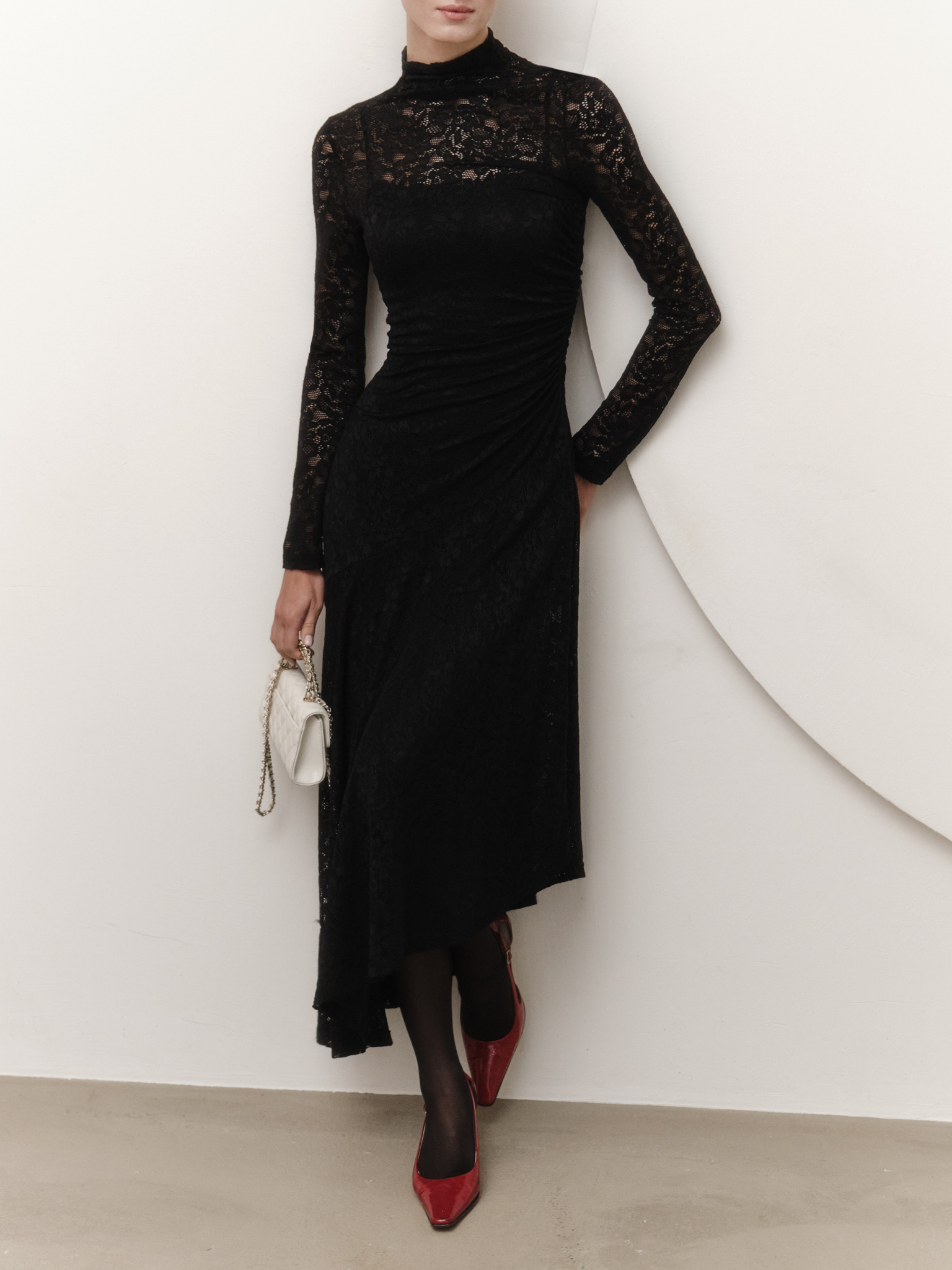 Guipure midi dress with asymmetric skirt