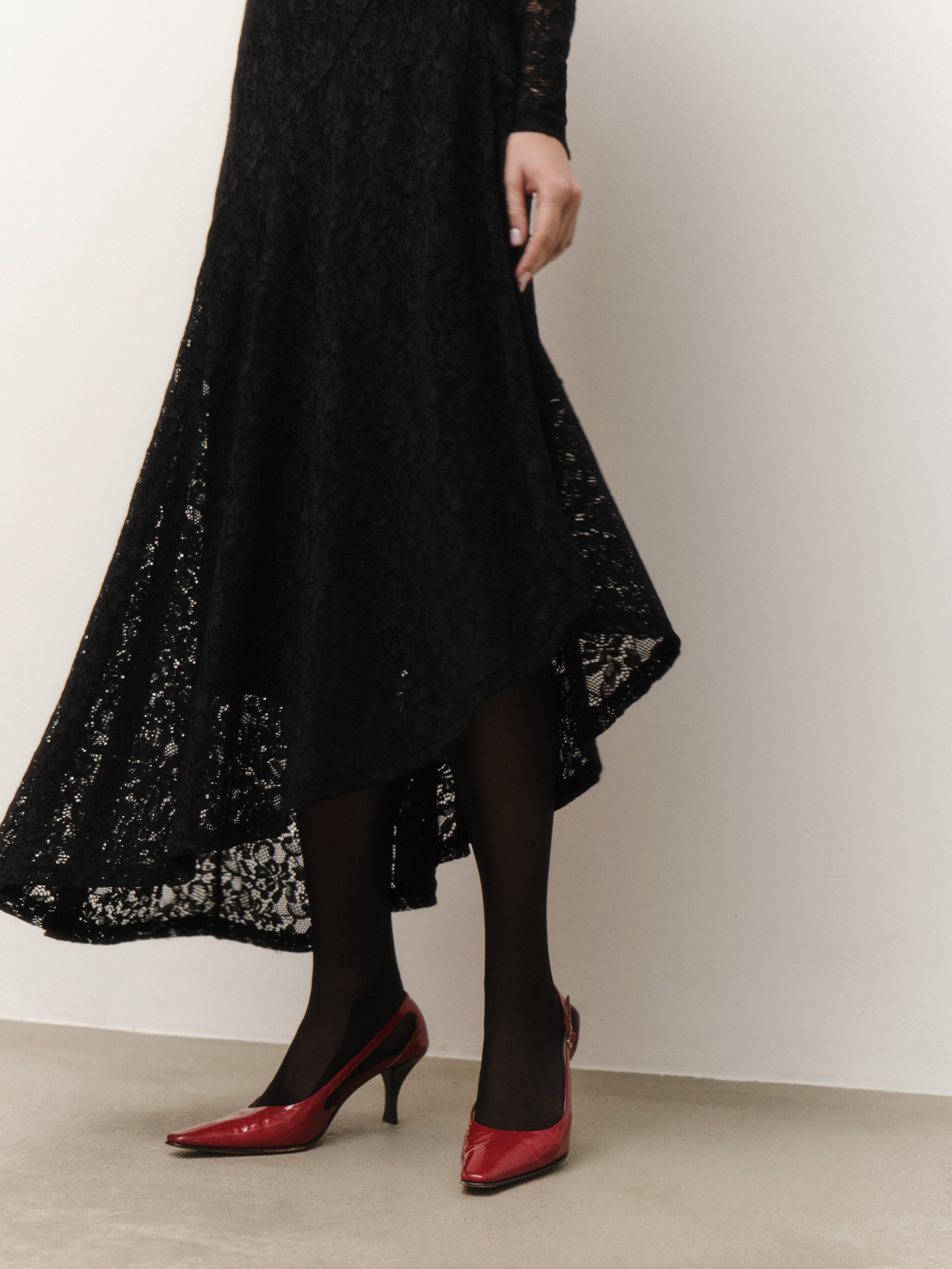 Guipure midi dress with asymmetric skirt