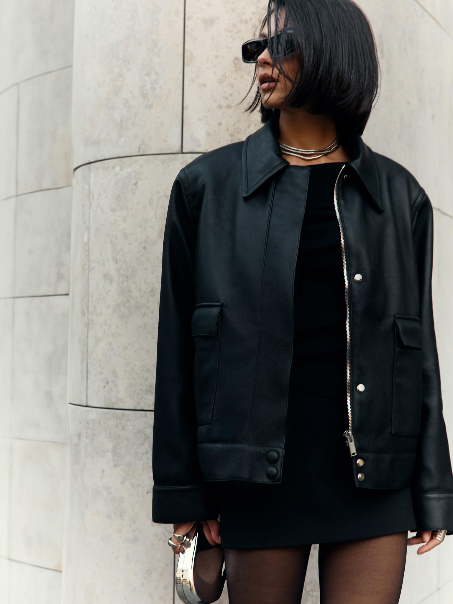 Eco-leather jacket with triangular collar