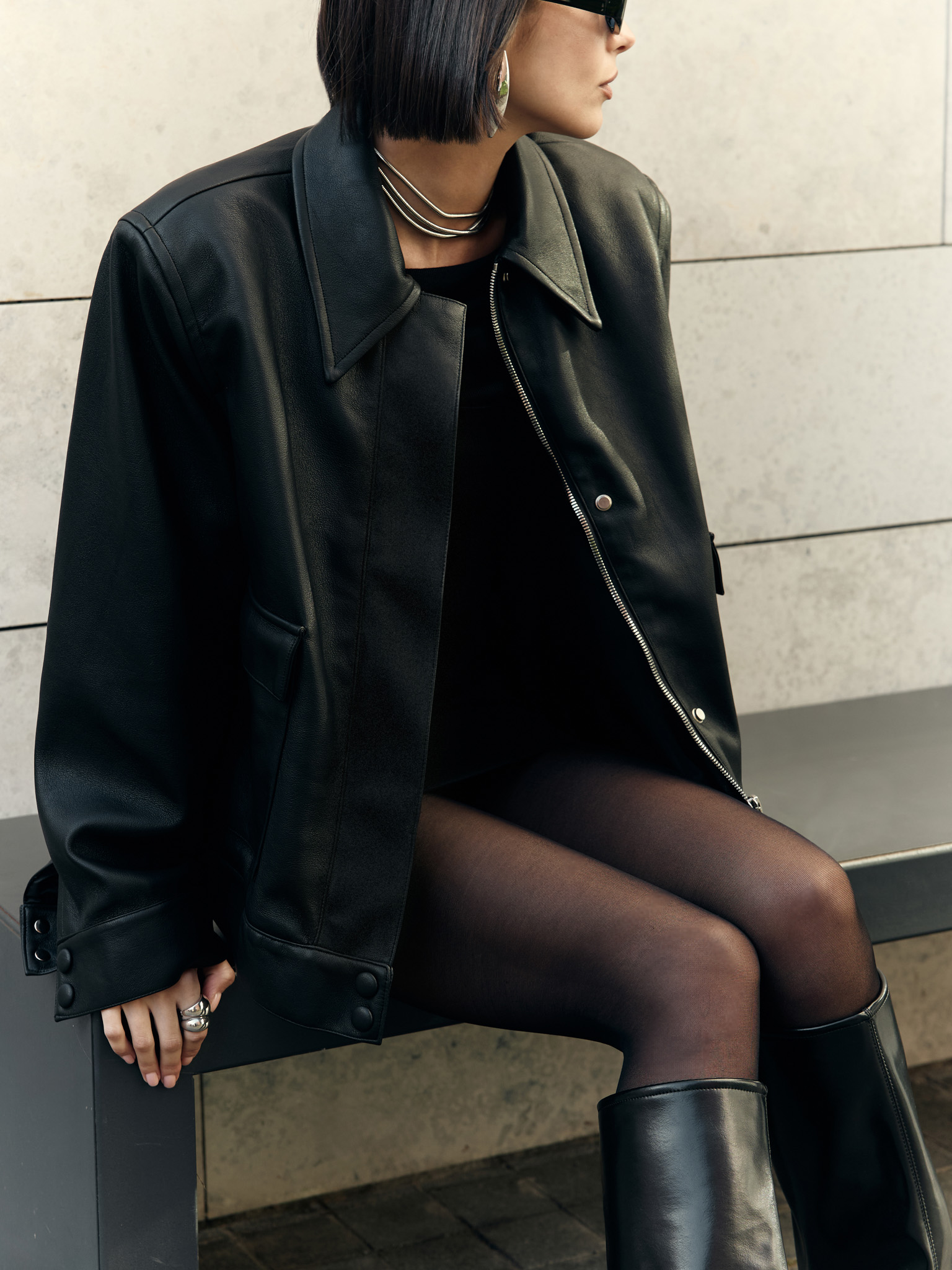 Eco-leather jacket with triangular collar