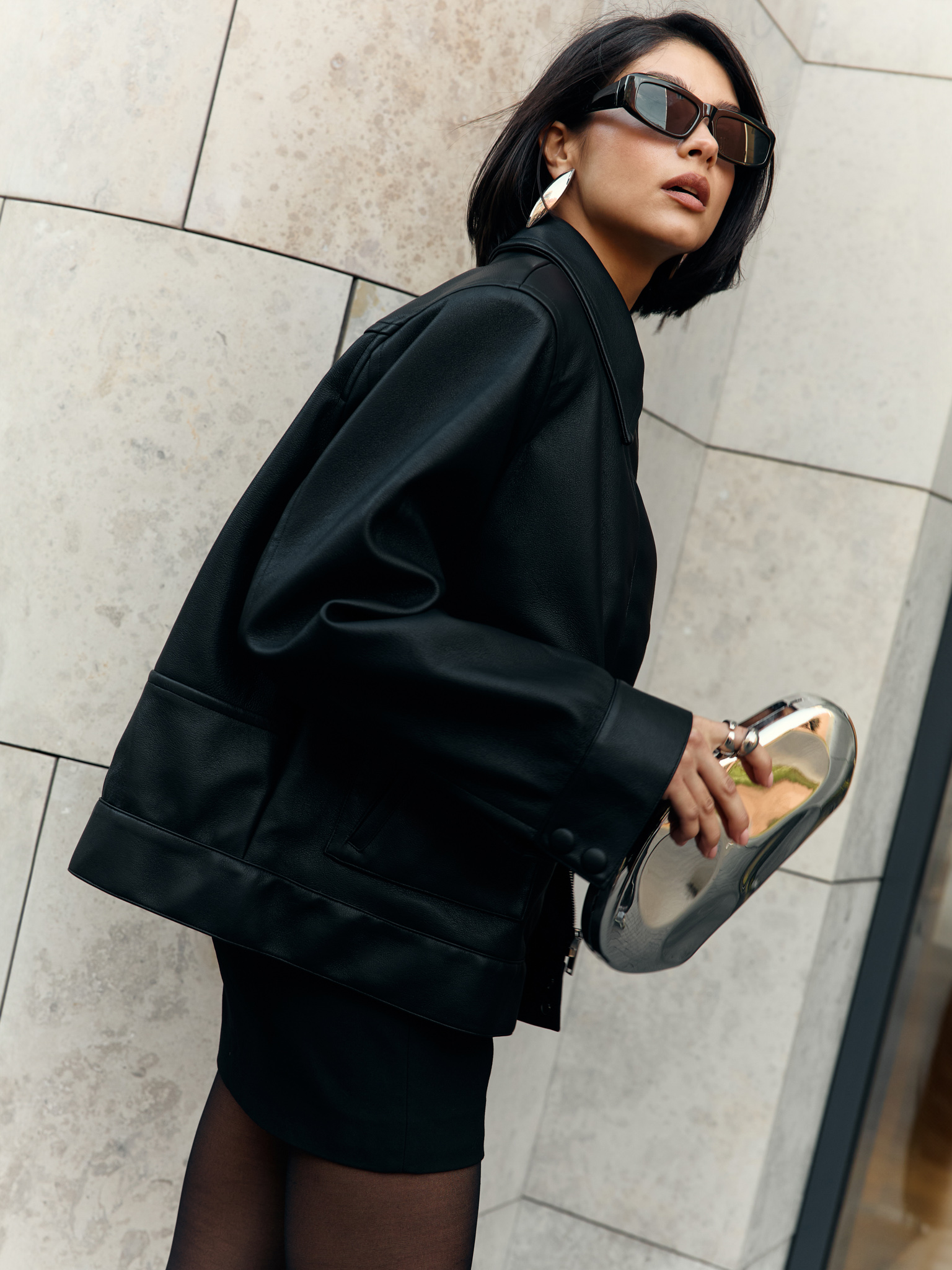 Eco-leather jacket with triangular collar