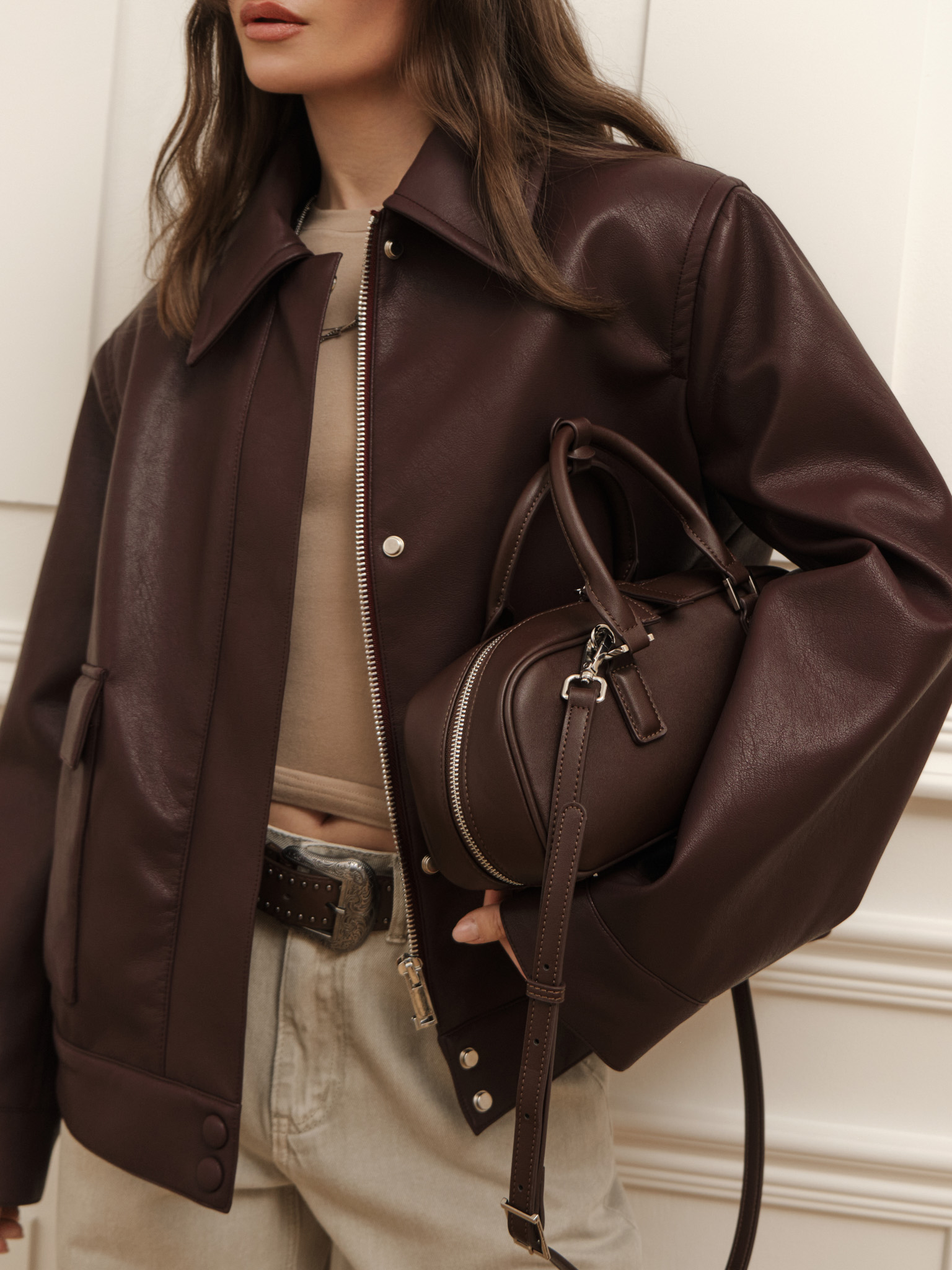 Eco-leather jacket with triangular collar