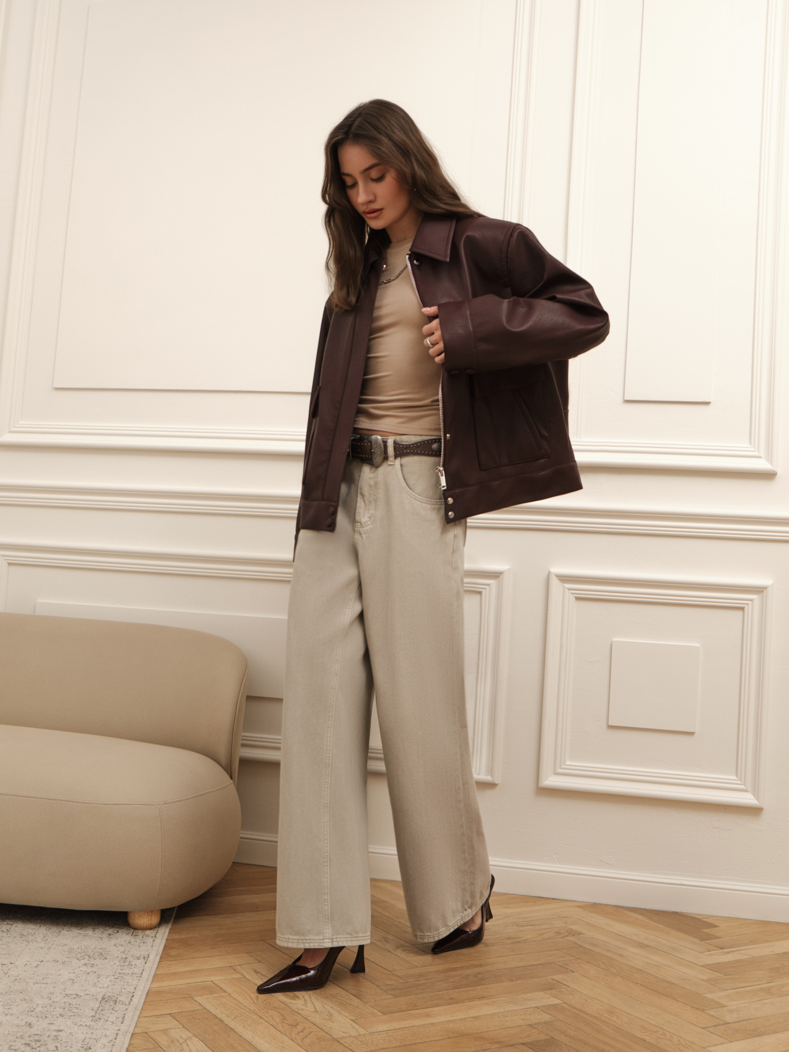 Eco-leather jacket with triangular collar