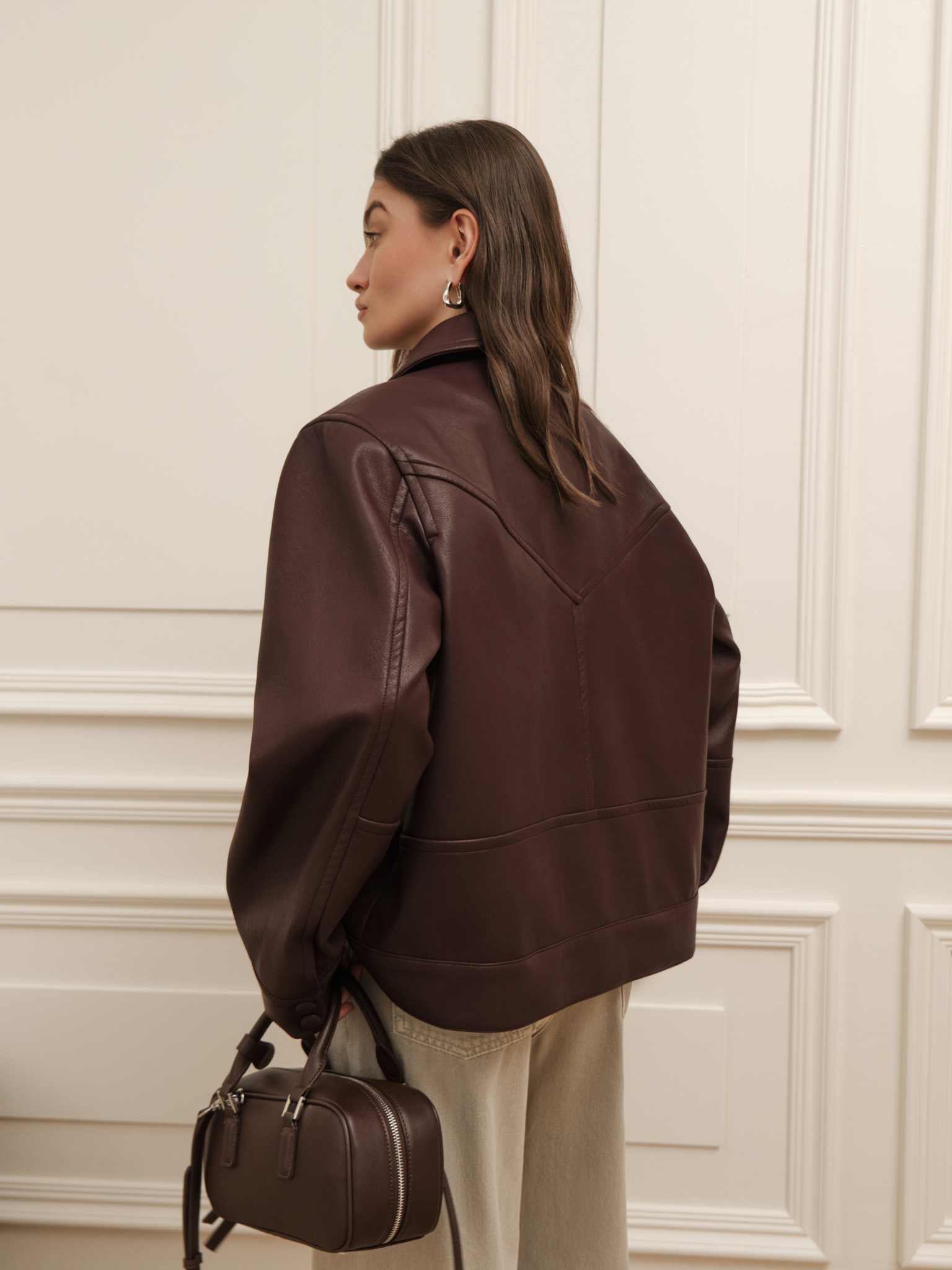 Eco-leather jacket with triangular collar