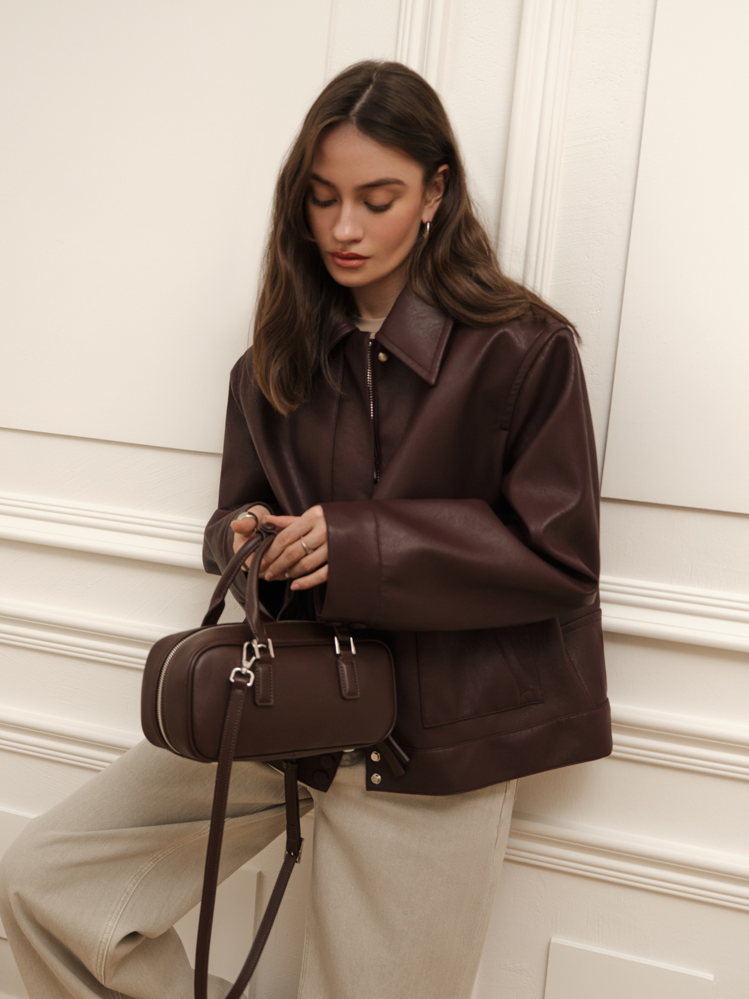 Eco-leather jacket with triangular collar