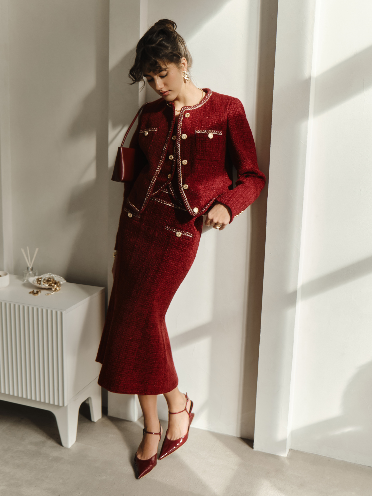 Tweed midi skirt with textured edging and large buttons