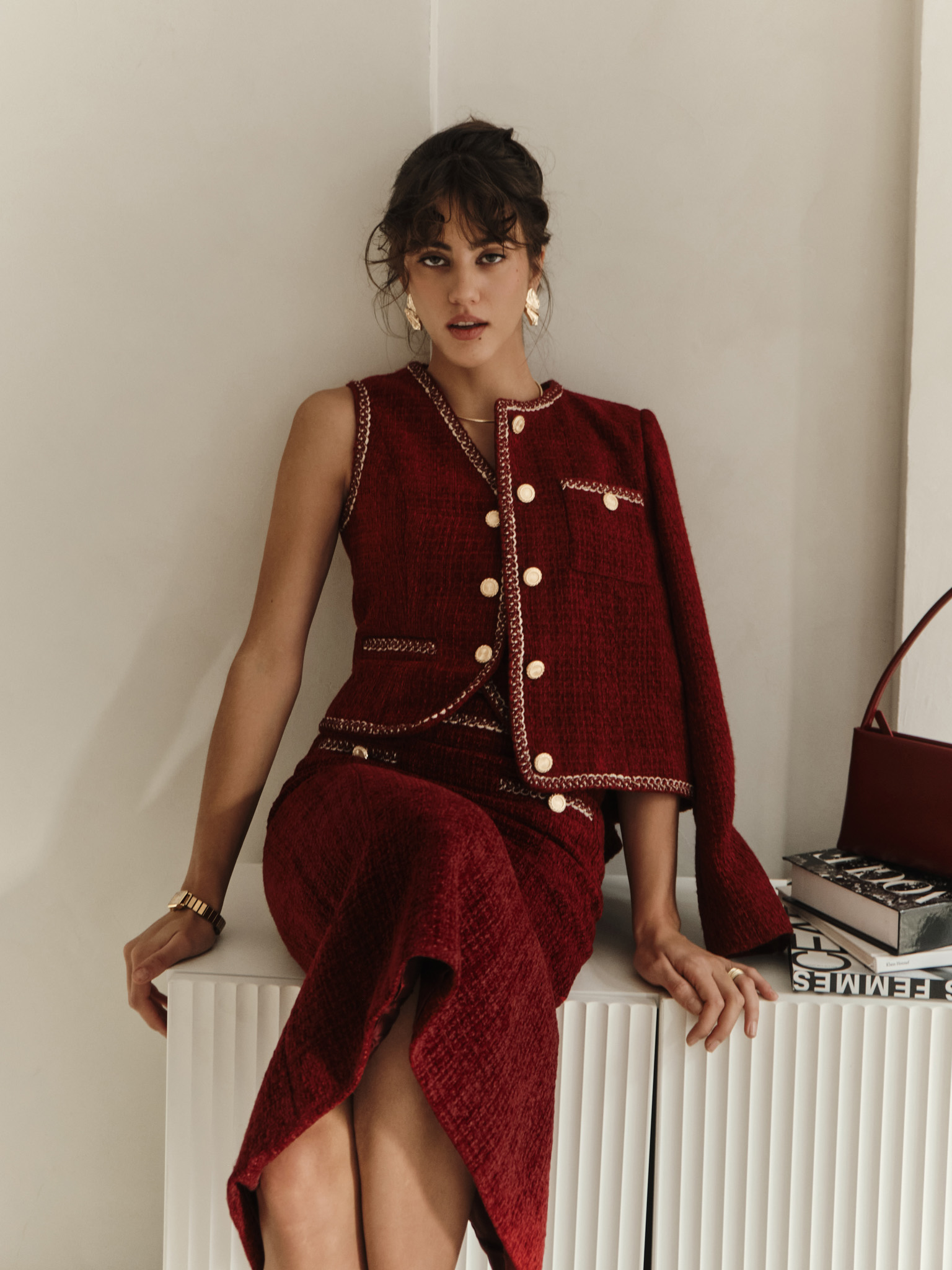 Tweed midi skirt with textured edging and large buttons