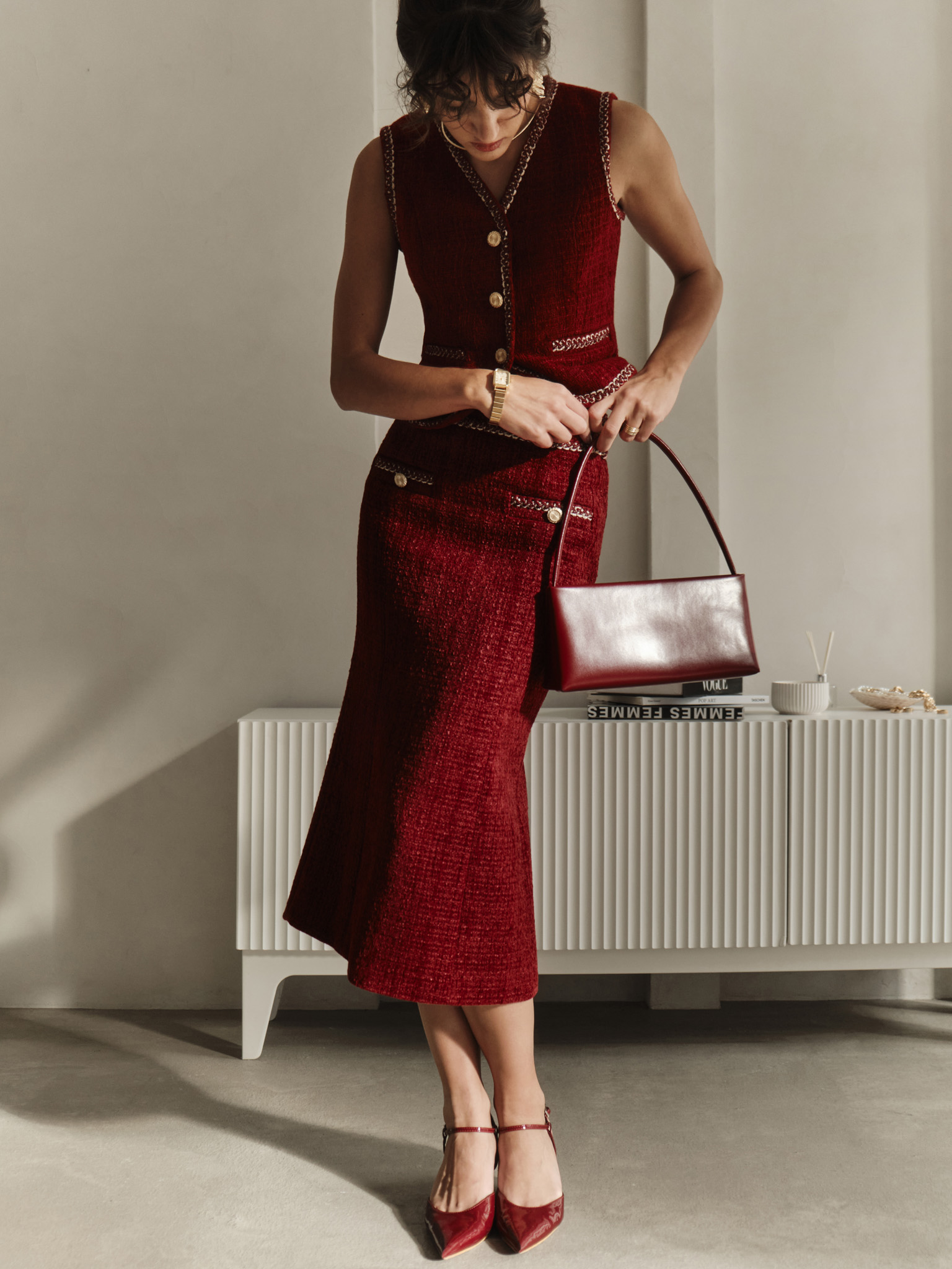 Tweed midi skirt with textured edging and large buttons