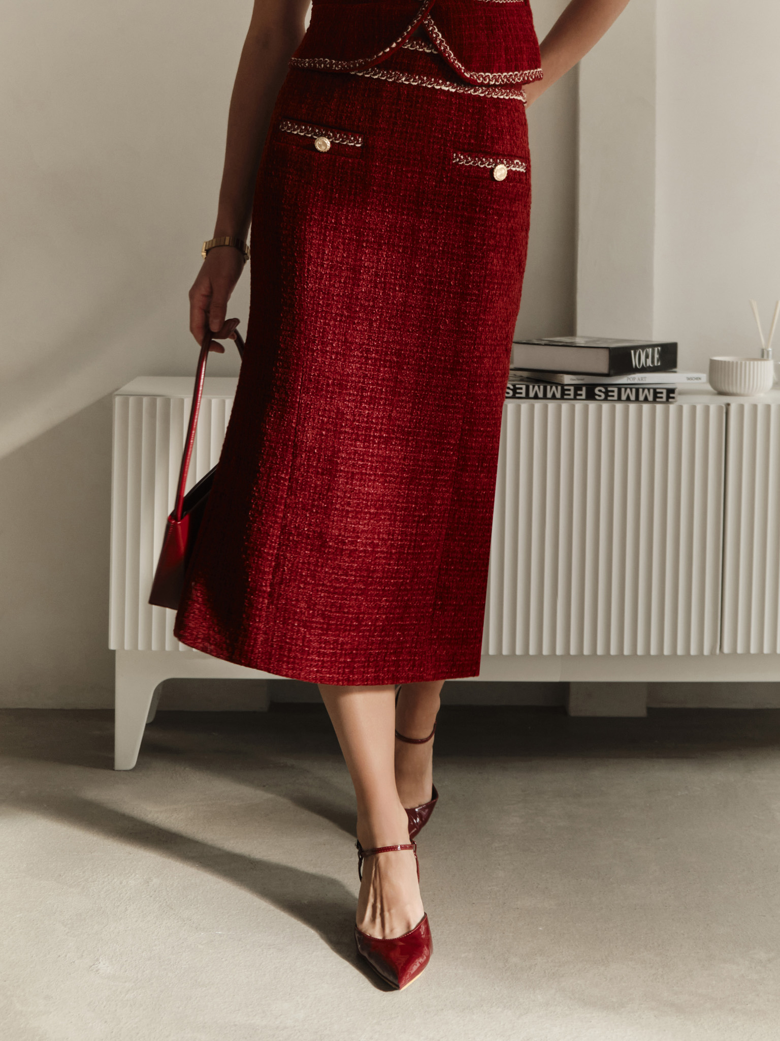 Tweed midi skirt with textured edging and large buttons