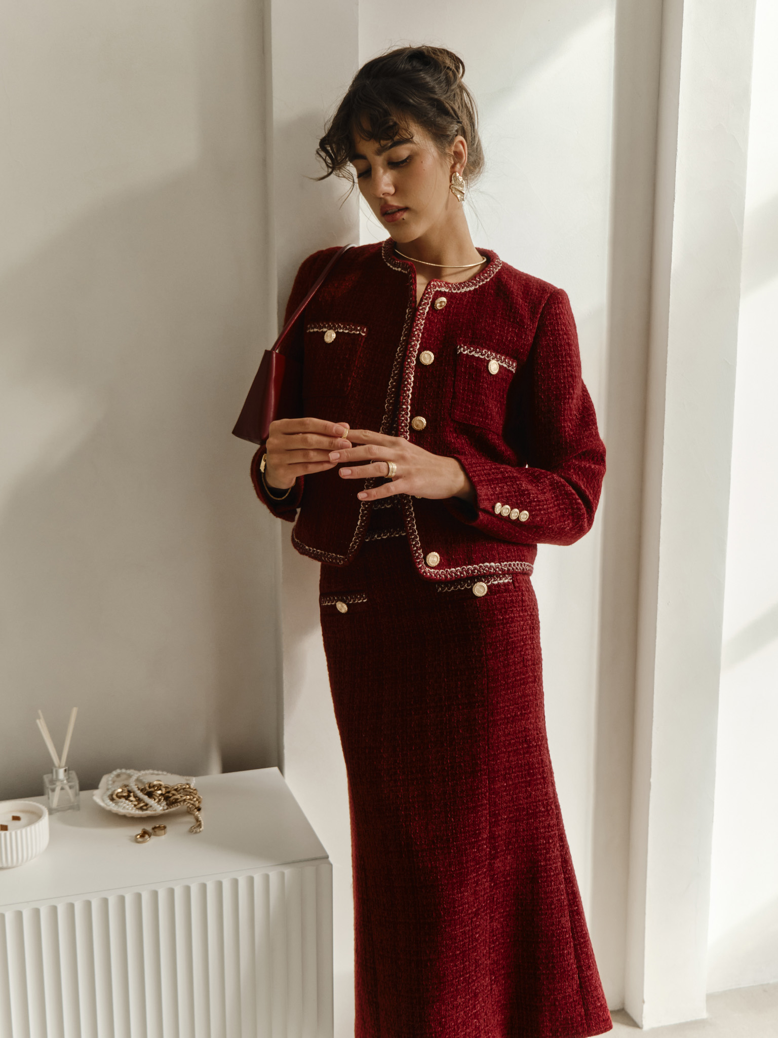 Tweed midi skirt with textured edging and large buttons