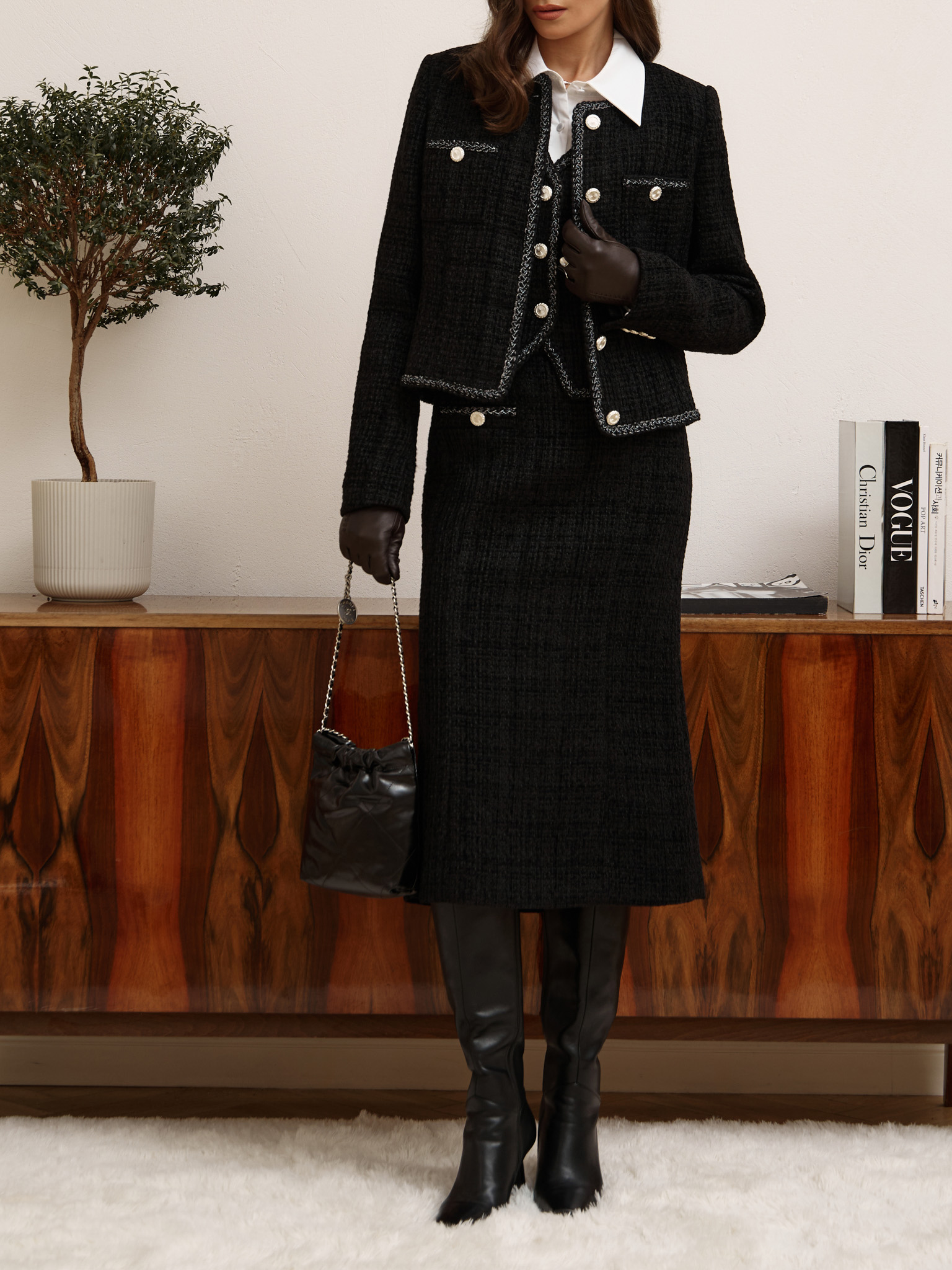 Tweed midi skirt with textured edging and large buttons