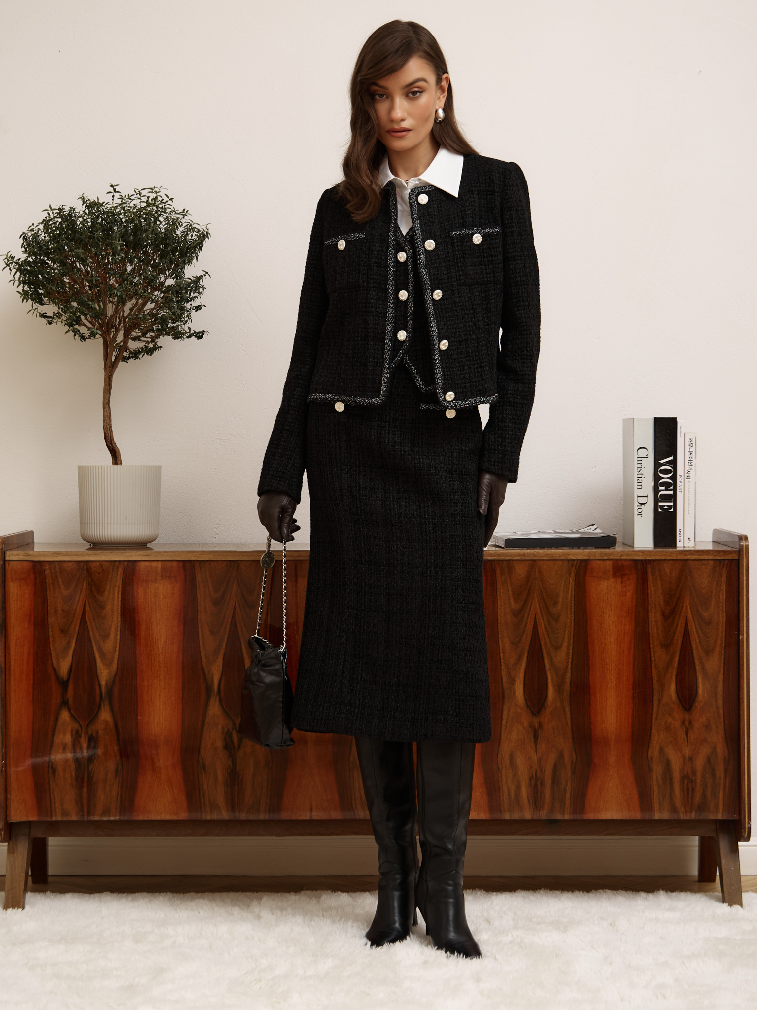 Tweed midi skirt with textured edging and large buttons