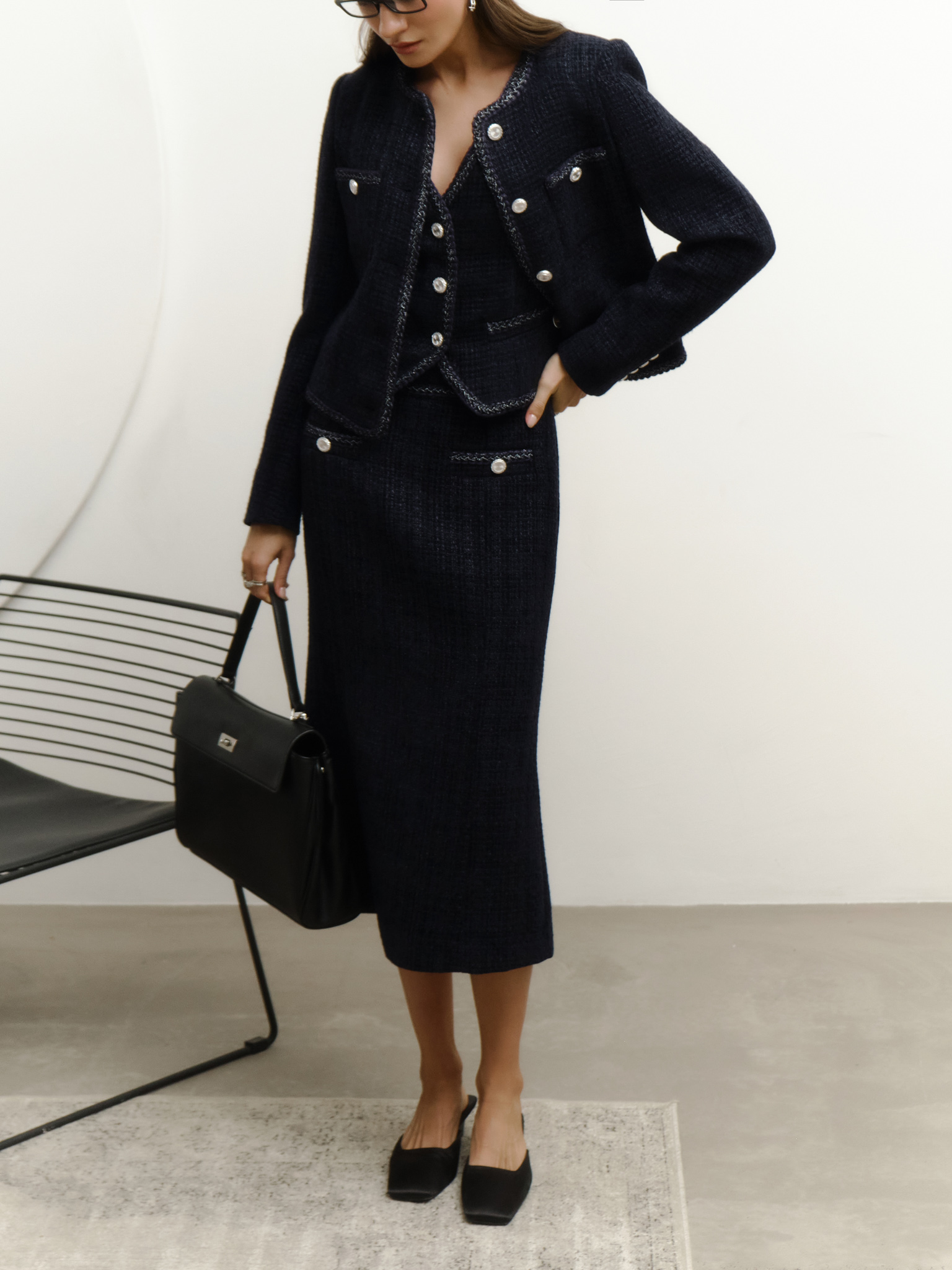 Tweed midi skirt with textured edging and large buttons