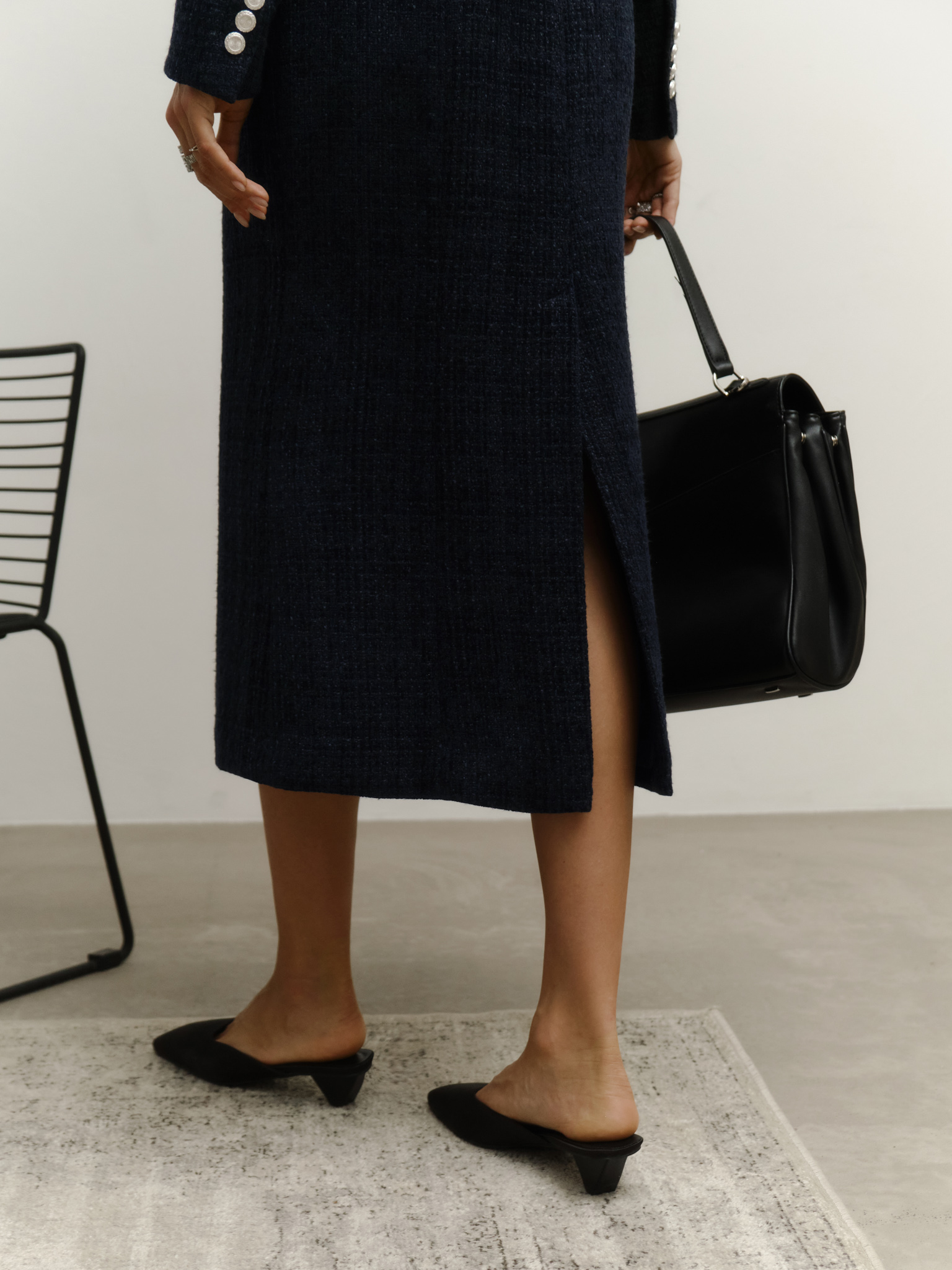 Tweed midi skirt with textured edging and large buttons