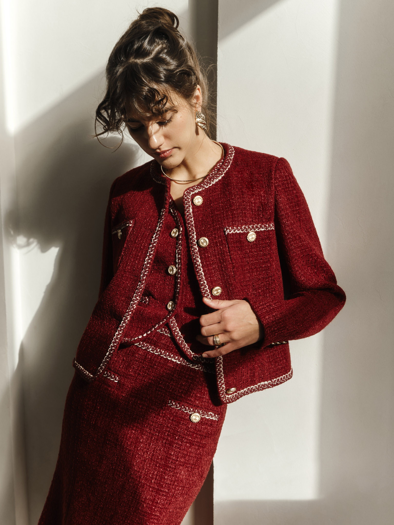 Tweed waistcoat with textured edging and large buttons