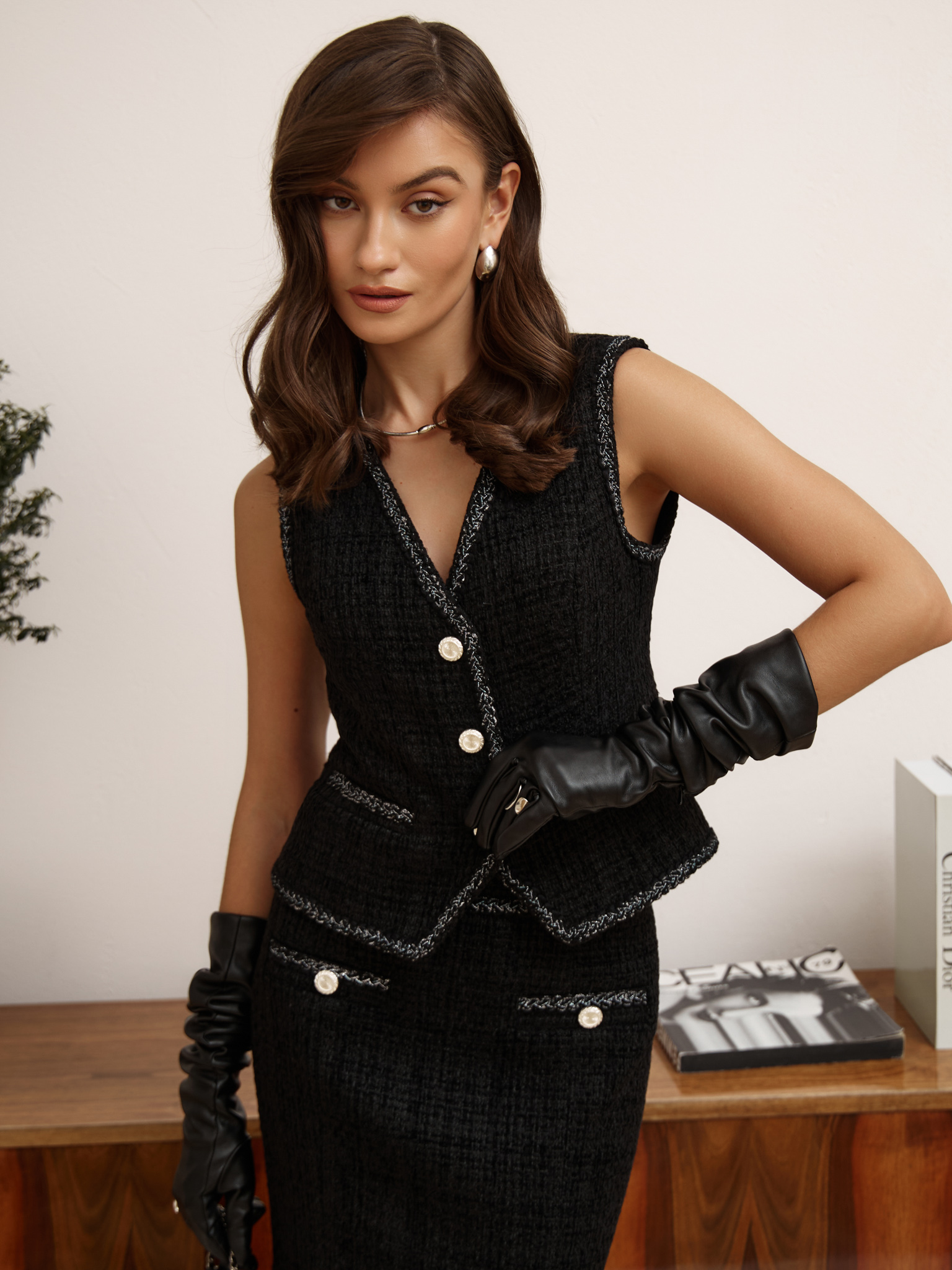 Tweed waistcoat with textured edging and large buttons