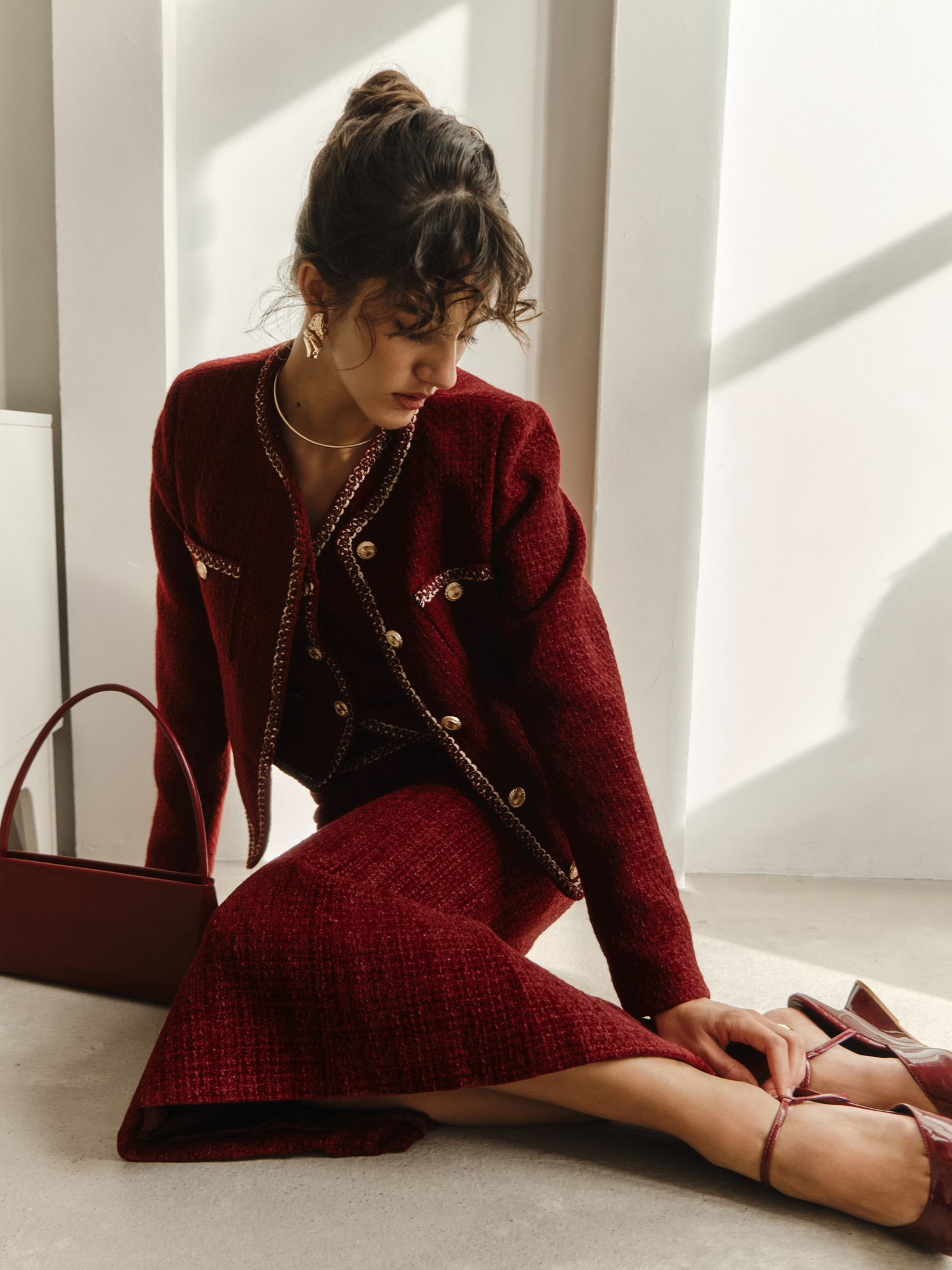 Einreihiges Sakko aus Tweed mit strukturierter Paspel und großen Knöpfen