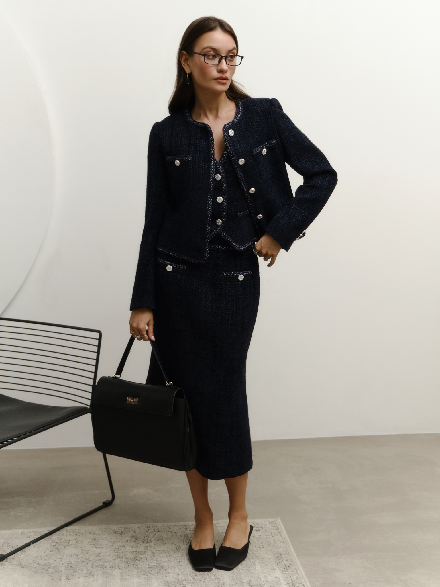 Tweed single-breasted jacket with textured edging and large buttons