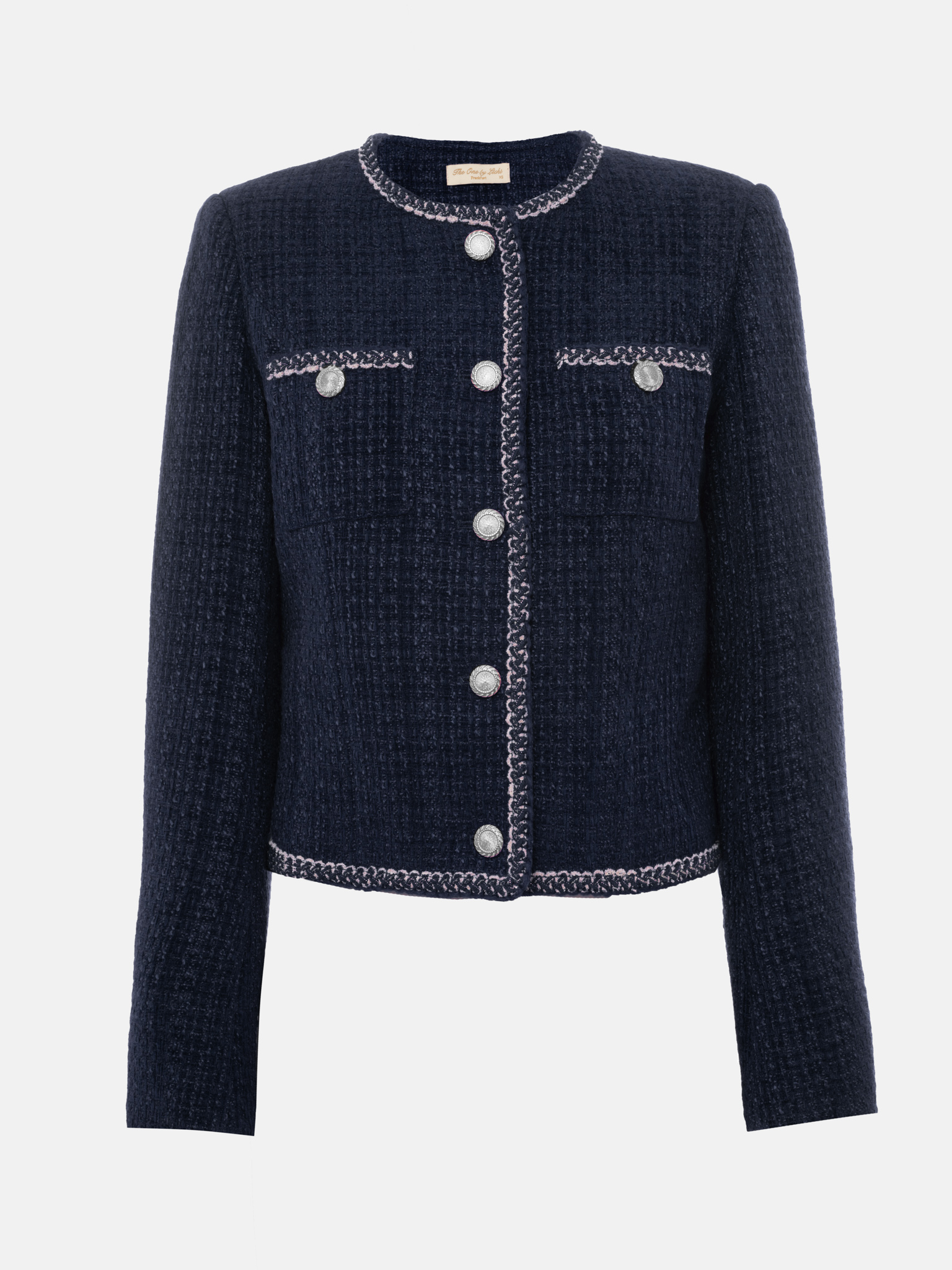 Tweed single-breasted jacket with textured edging and large buttons