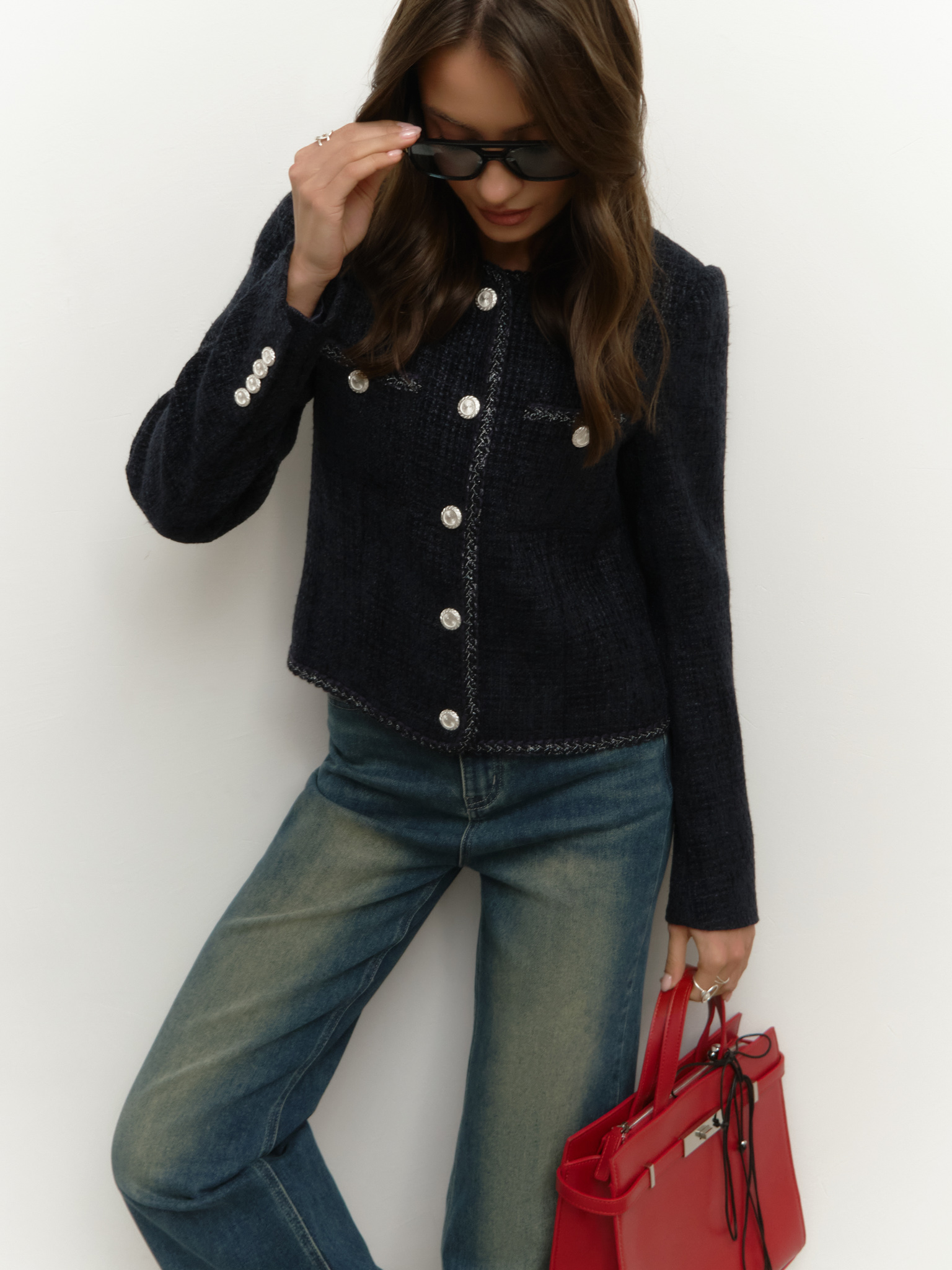 Tweed single-breasted jacket with textured edging and large buttons