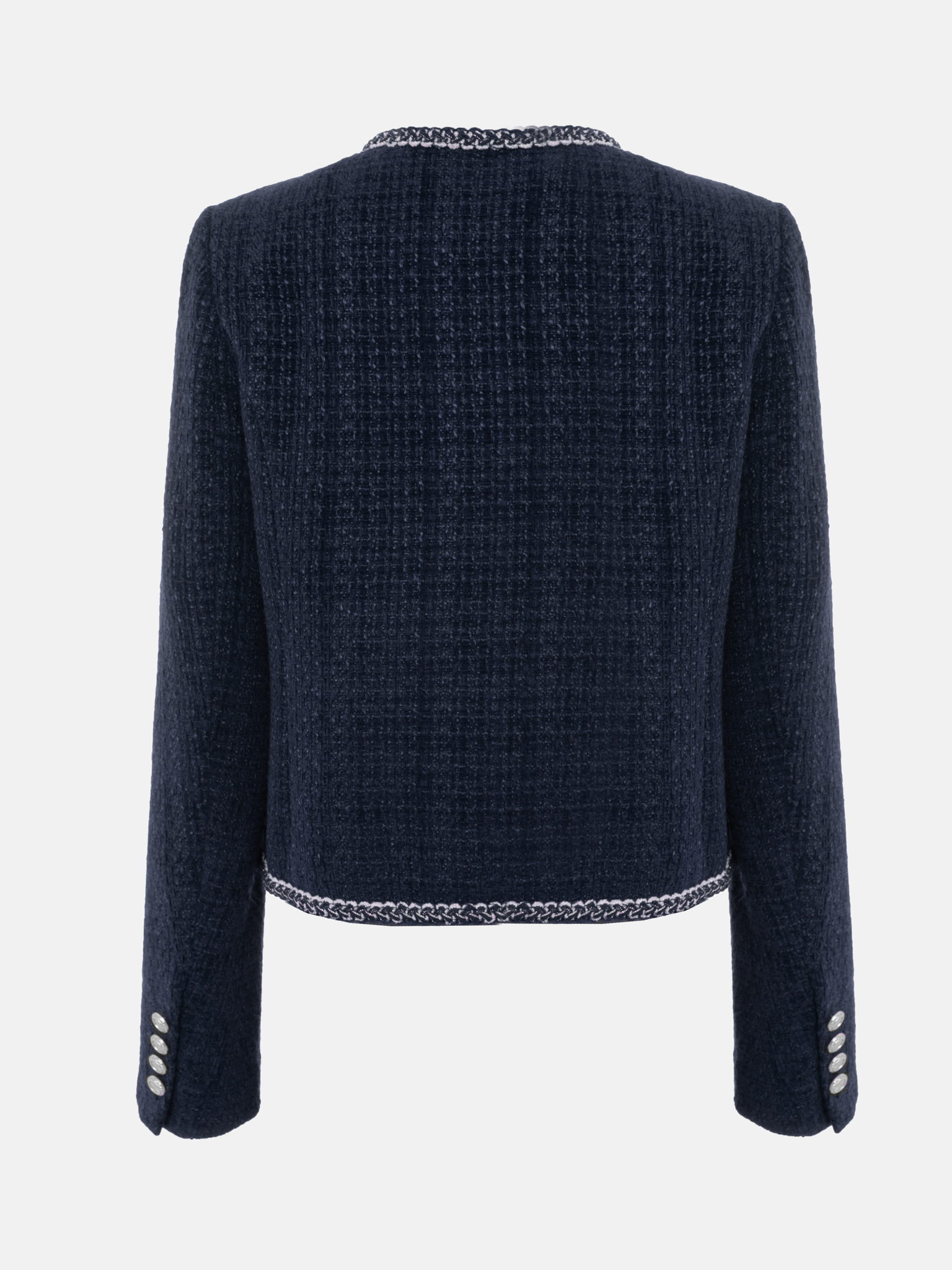 Tweed single-breasted jacket with textured edging and large buttons