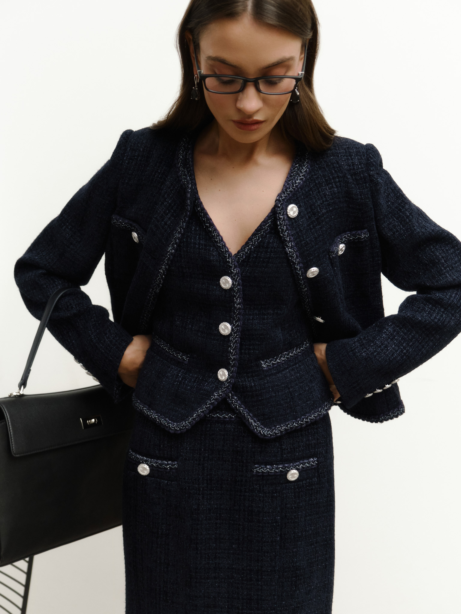 Tweed single-breasted jacket with textured edging and large buttons