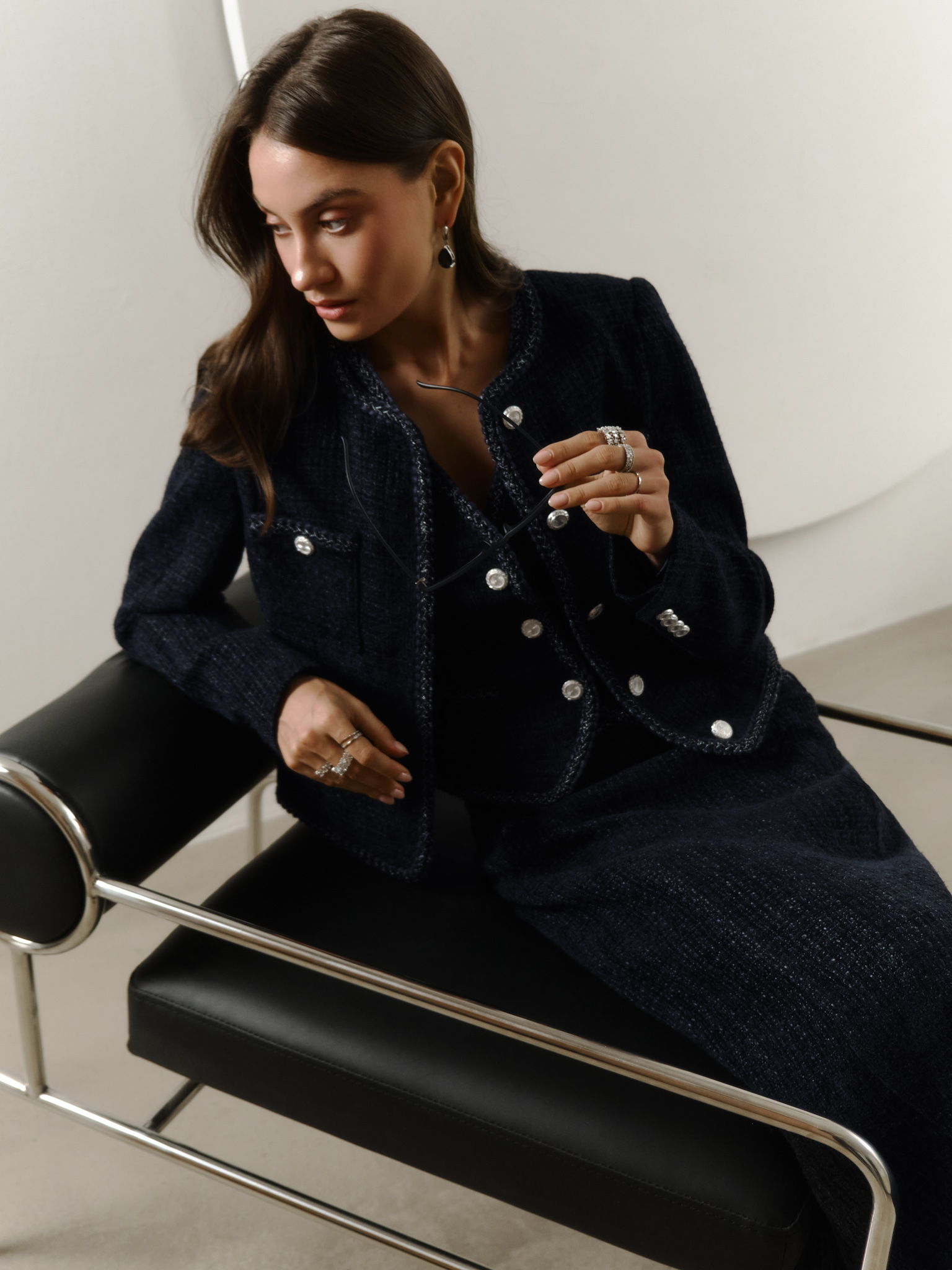 Tweed single-breasted jacket with textured edging and large buttons