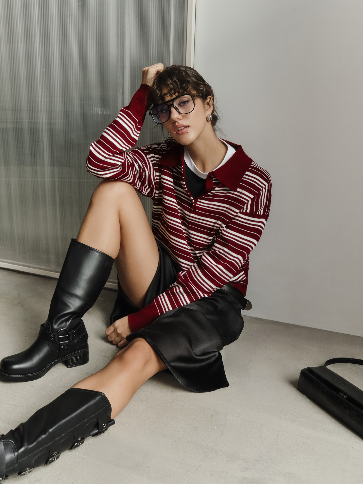 Striped knitted polo with long sleeves