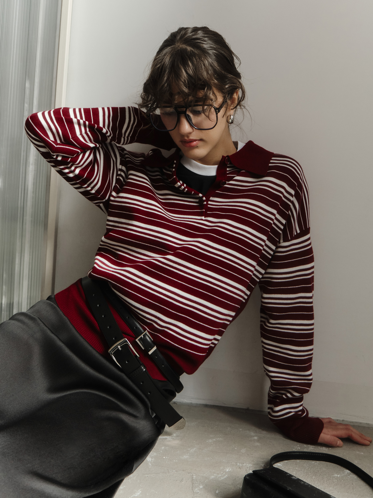 Striped knitted polo with long sleeves