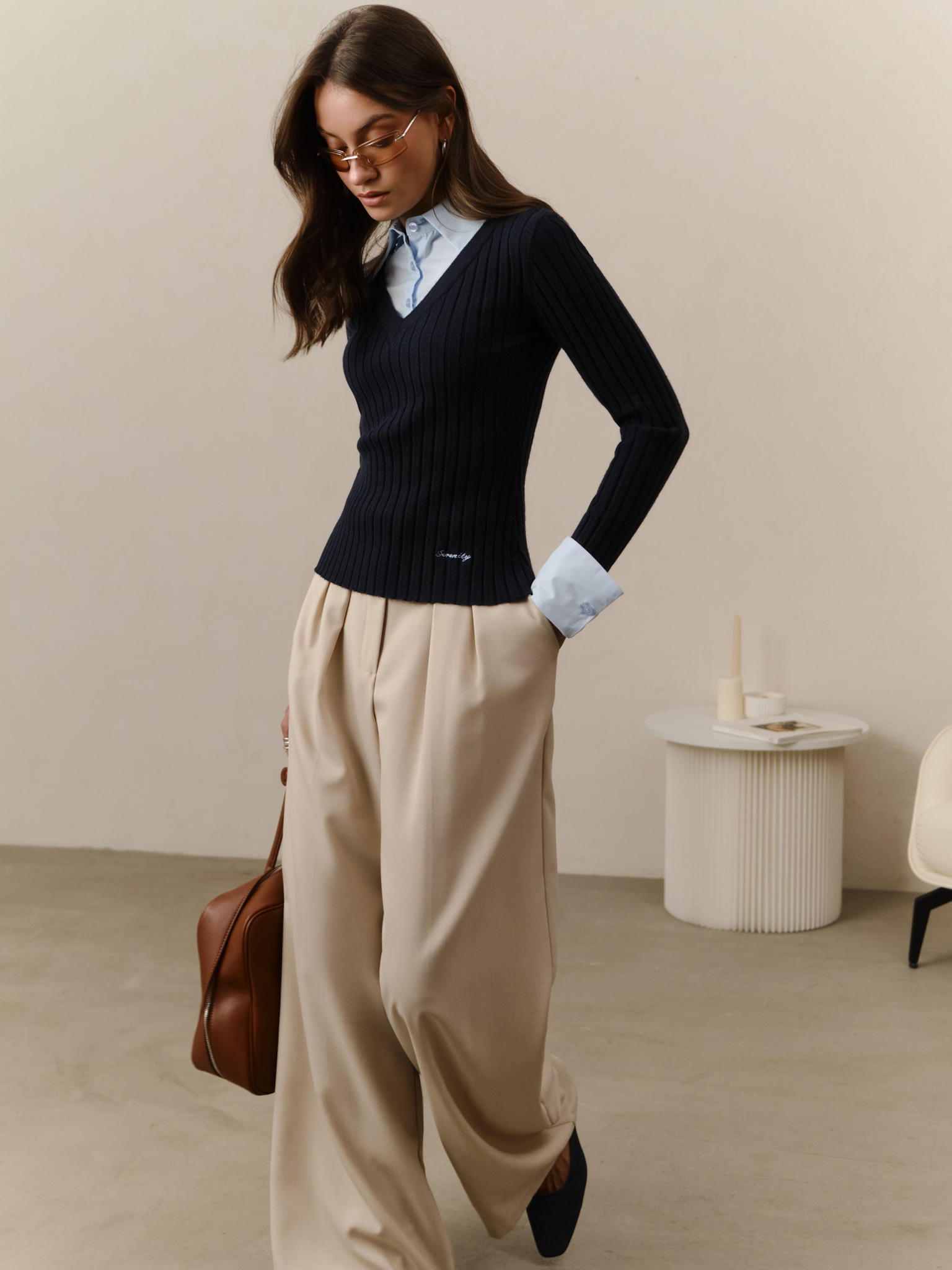 Knitted jumper with imitation shirt