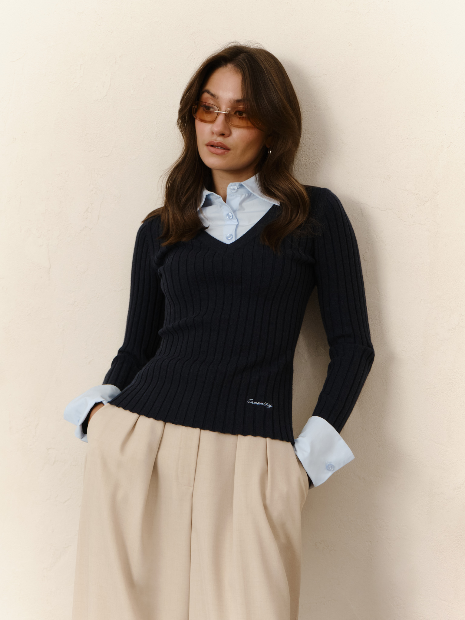 Knitted jumper with imitation shirt