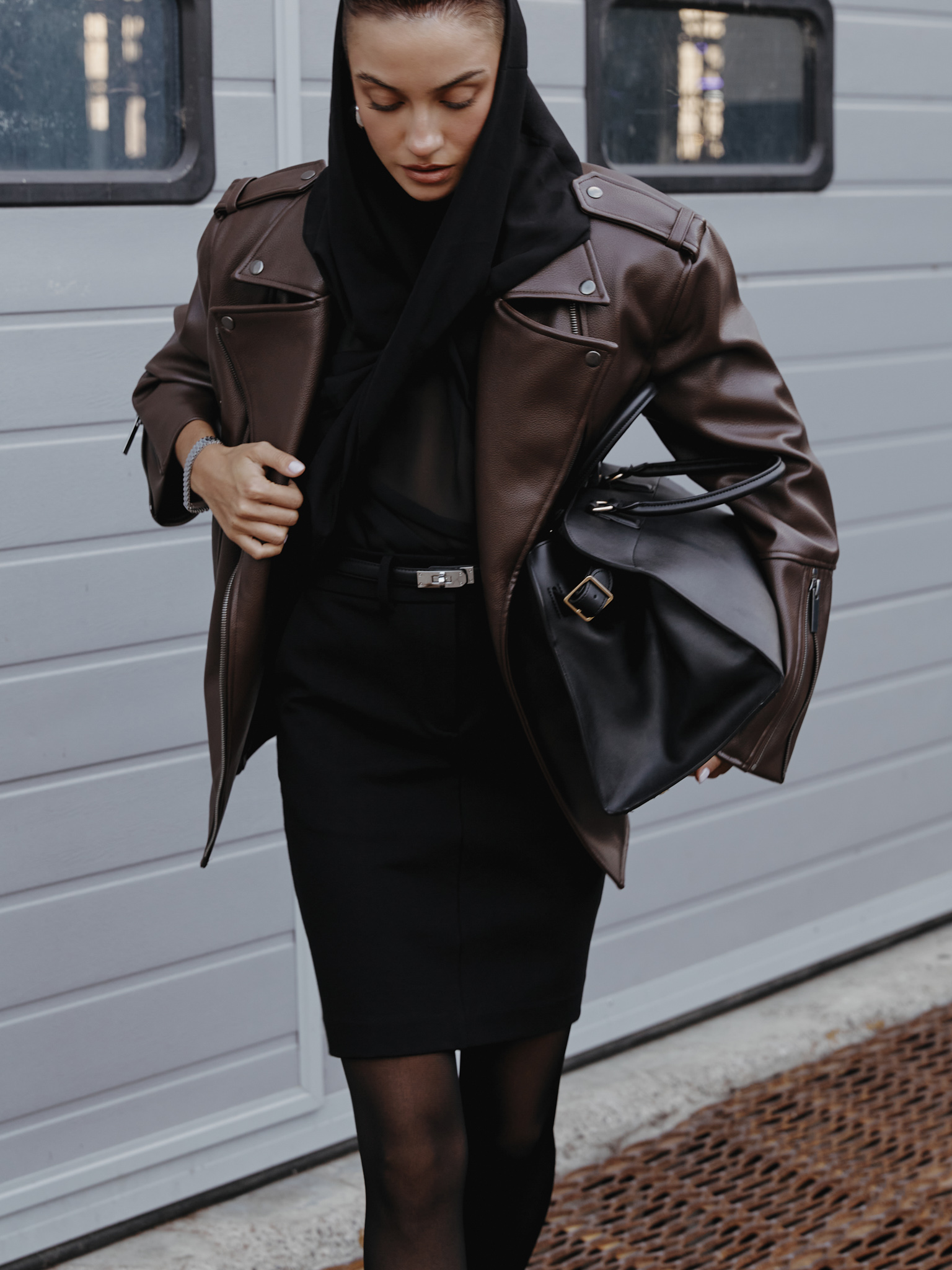 Eco-leather biker jacket with emphasised shoulders