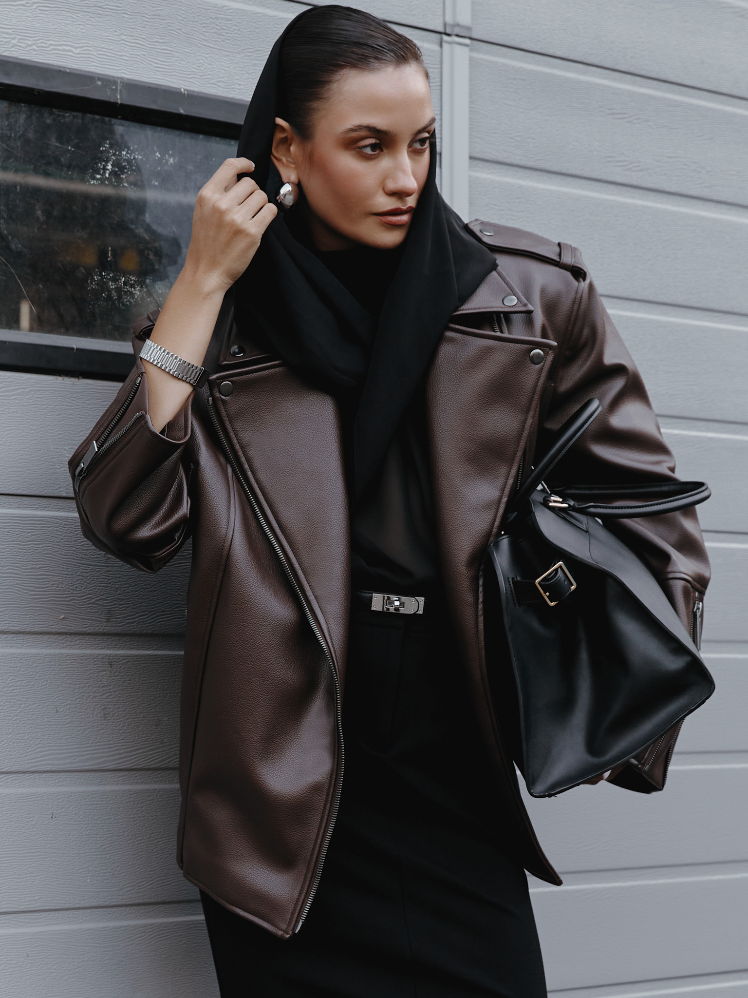 Eco-leather biker jacket with emphasised shoulders