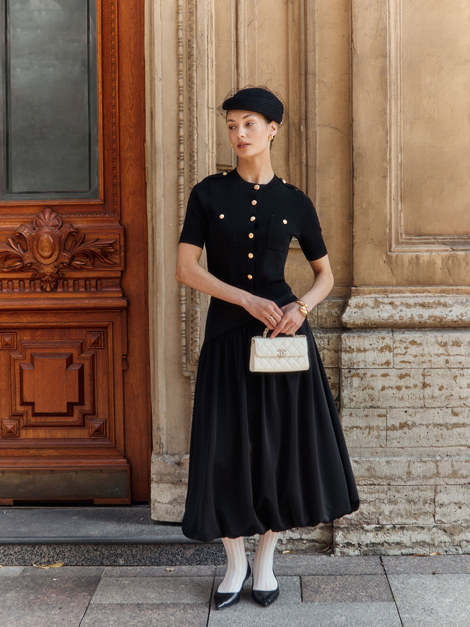 Balloon midi skirt with asymmetrical waistband