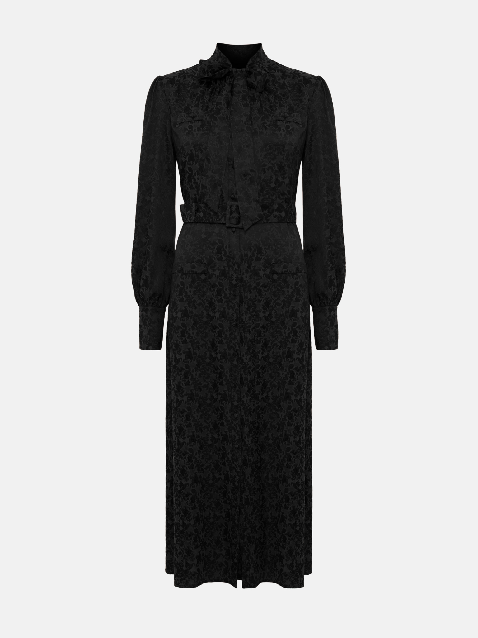 Midi dress with collar bow and tonal belt