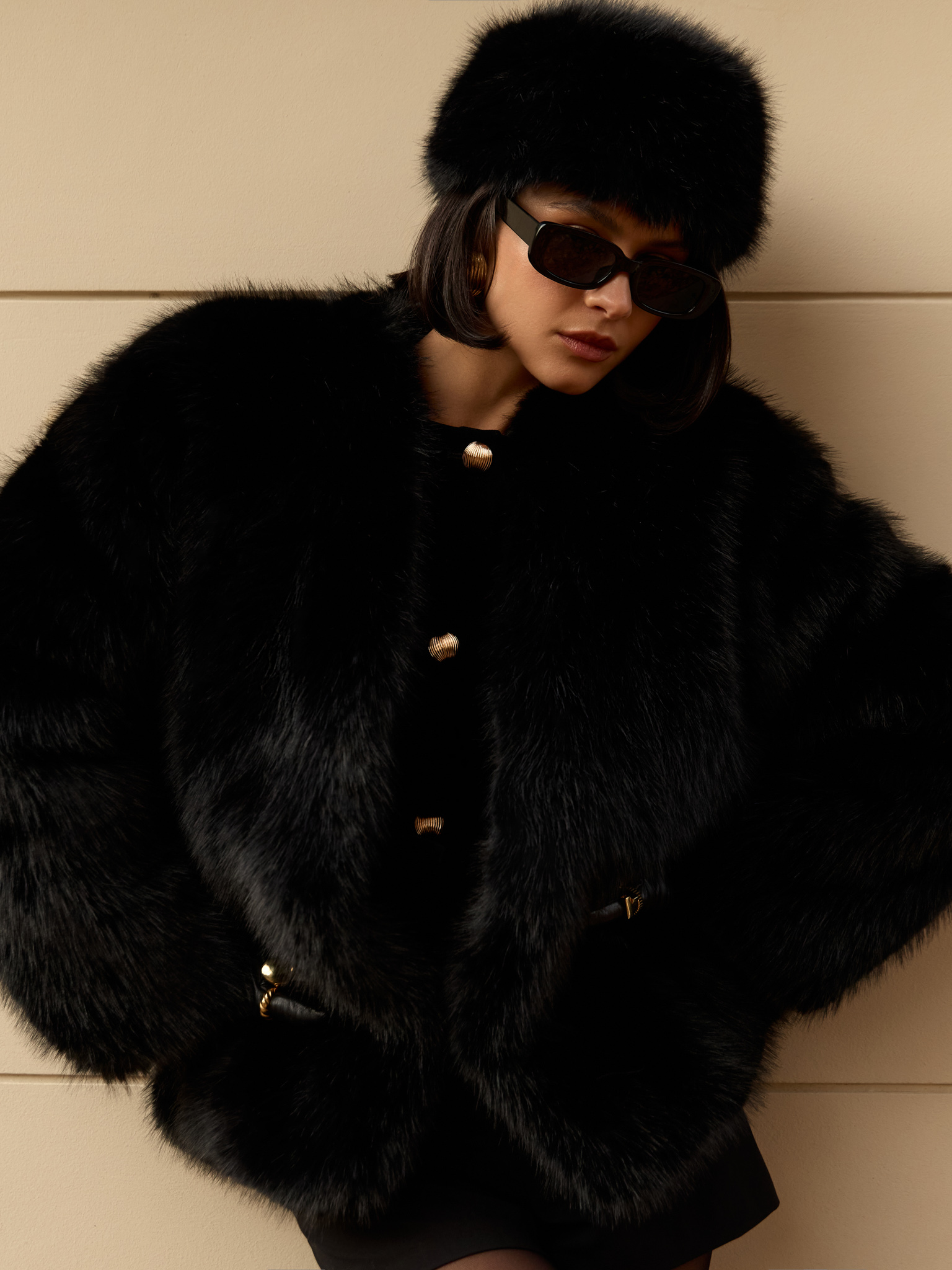 Short eco-fur coat with lush pile