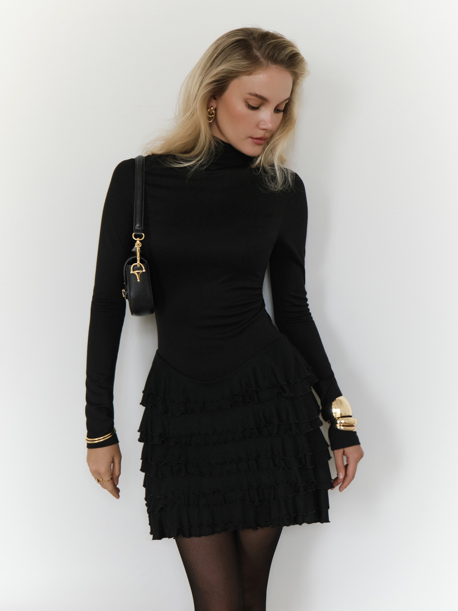 Mini jersey dress with ruffles on the skirt