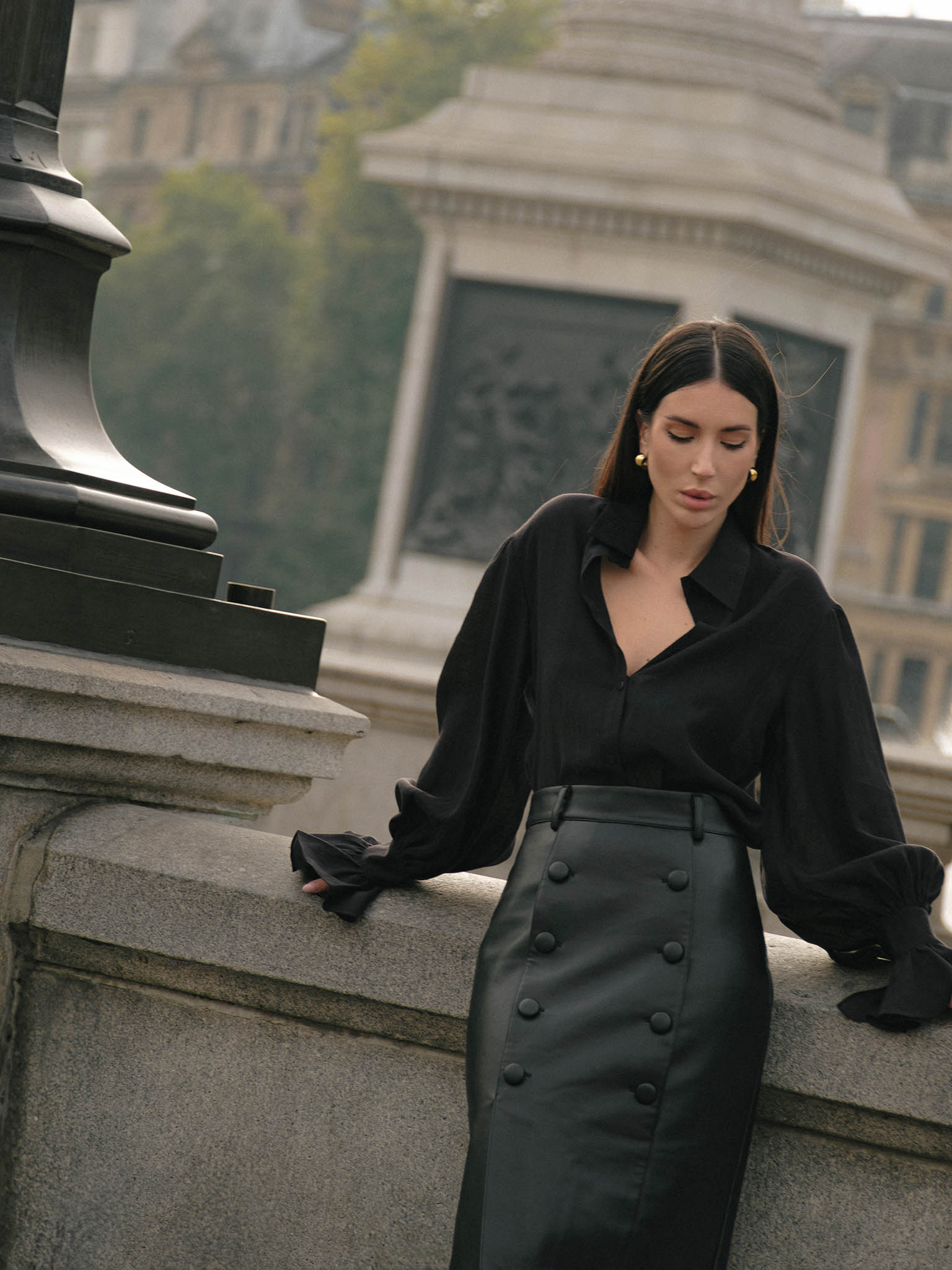 Eco-leather pencil midi skirt with large buttons