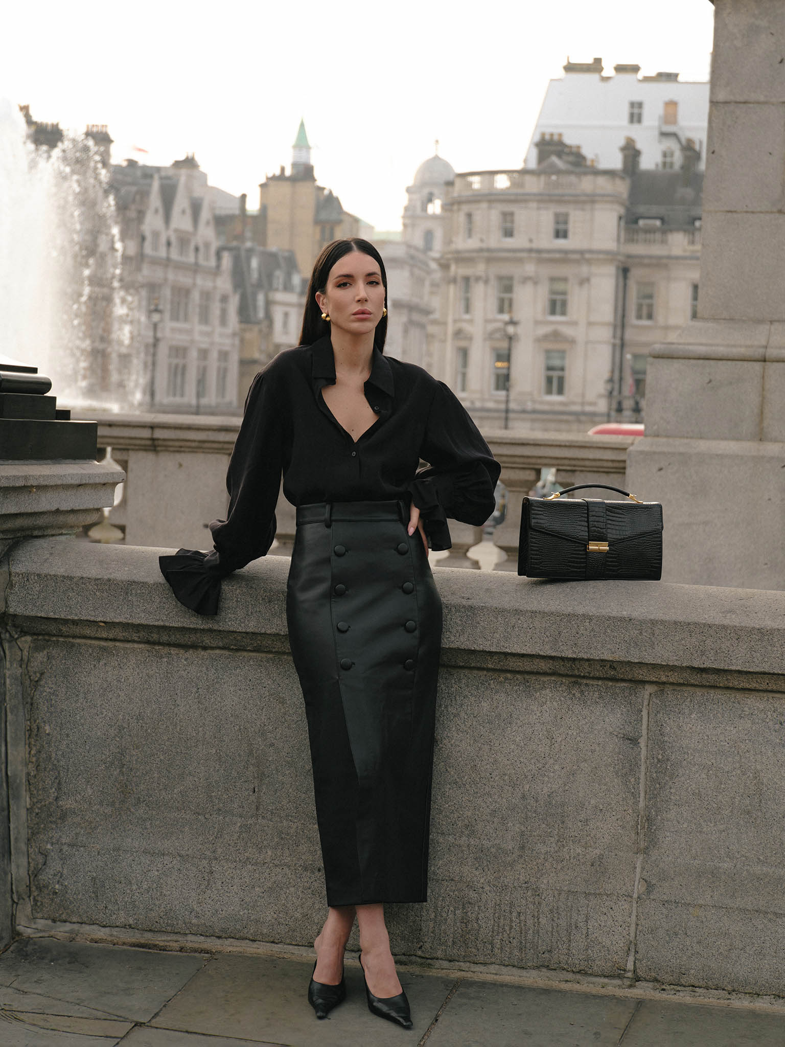 Eco-leather pencil midi skirt with large buttons