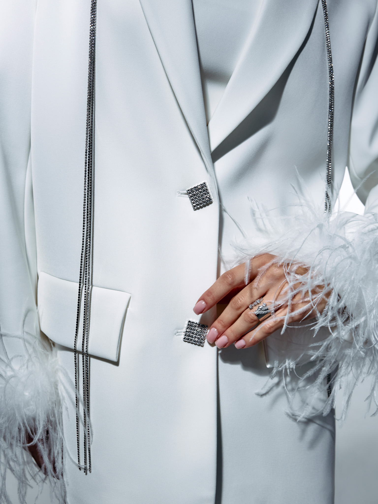 Single-breasted jacket with accent buttons and feathers